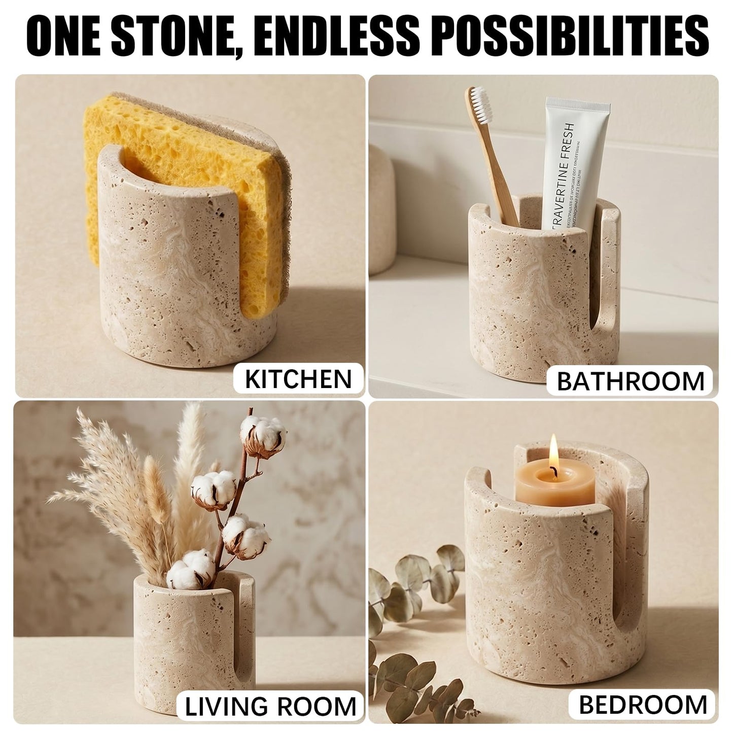 NADSENY Natural Travertine Sponge Holder - Wabi-Sabi Stone Drying Rack for Kitchen Sink & Bathroom, Decorative Candle Tray, Flowers Organizer & Toothbrush Holder - Housewarming Gift, Home Decor
