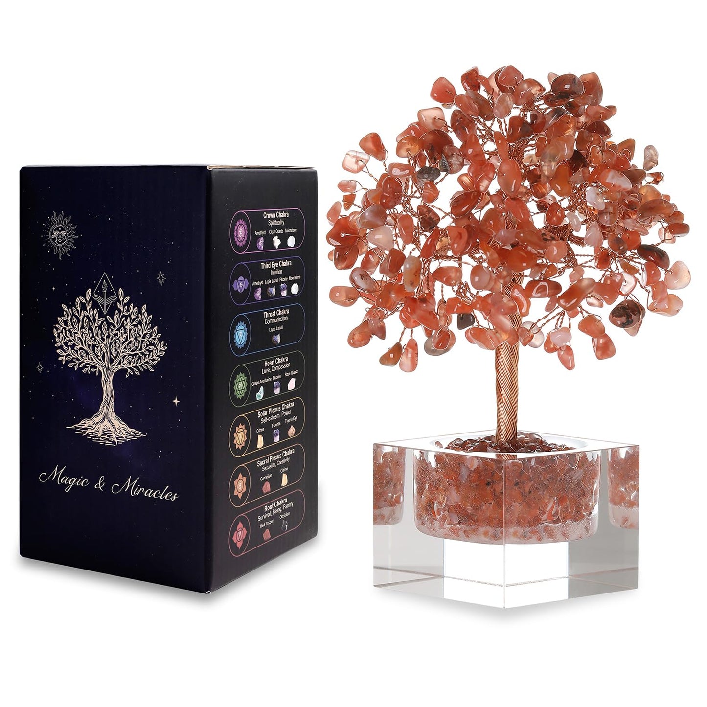 Crystal Tree for Home Decor 5.7 Inch Carnelian Gem Tree with 243 Stones, Spiritual Decor, Crystal Healing Tree, Energy Tree for Meditation, Gift for Women and Men, Handmade Feng Shui Bonsai