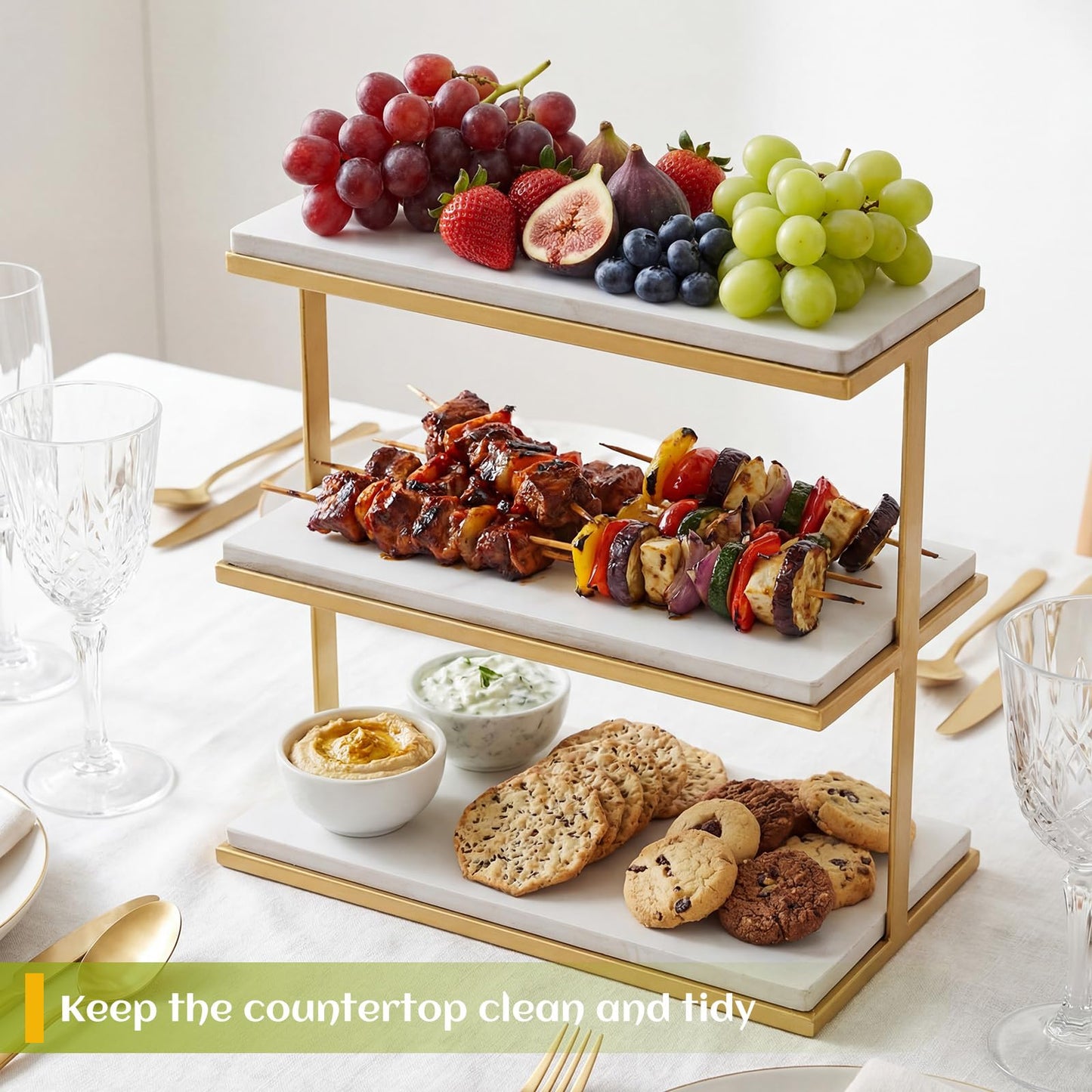 Yungyan 3 Tier Marble Charcuterie Board White and Gold Frame Stand Marble Cake Stand Versatile Serving Display Tray for Weddings Showers Anniversaries Parties Modern Home Decoration
