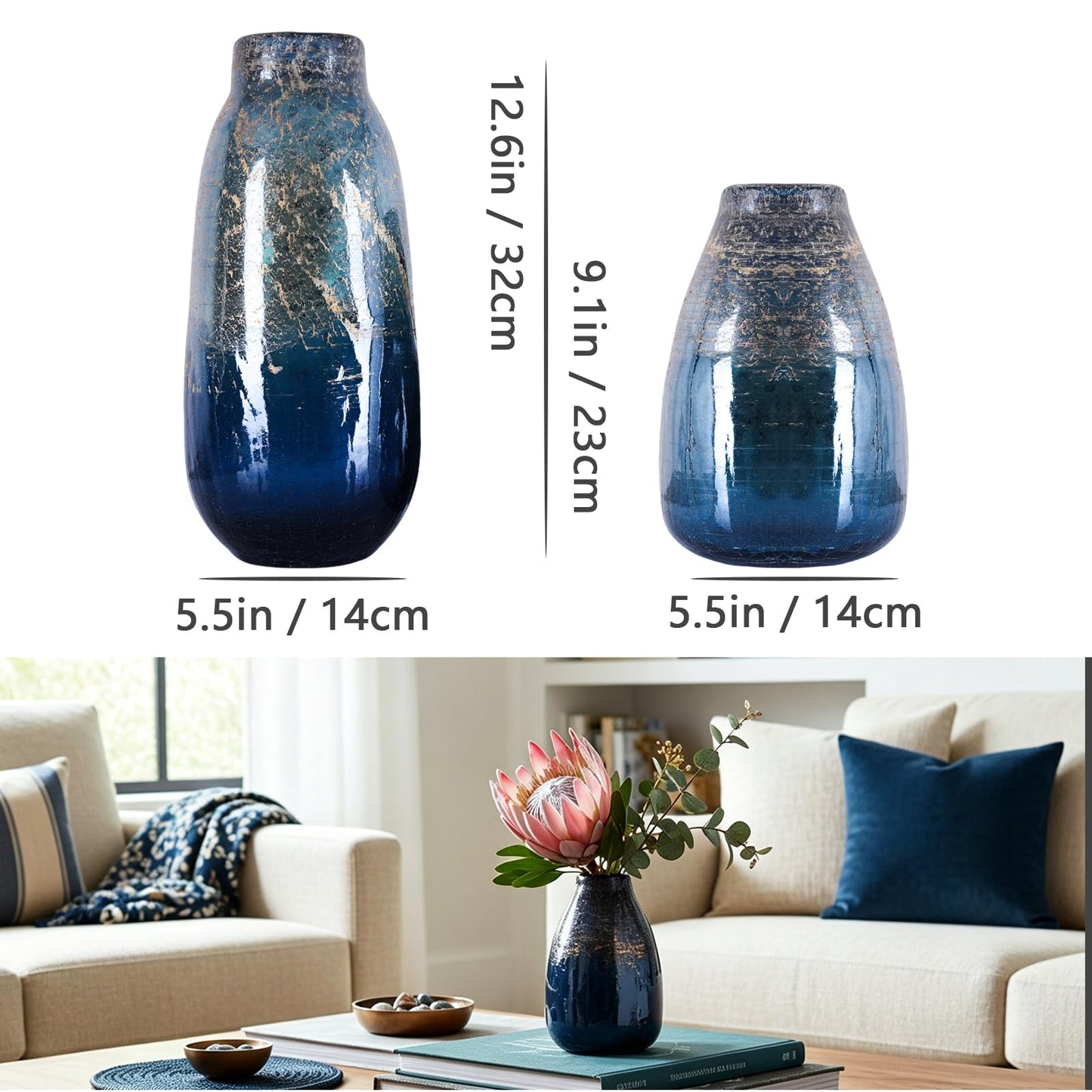 Hand Blown Glass Vase,Unique Navy Blue Gold Glass Vase, Modern Art Decor,Suitable for Living Room Coffee Tables,Wedding Centerpieces,Dining Tables,Office Centerpiece Floral Arrangements (Blue, 9in)