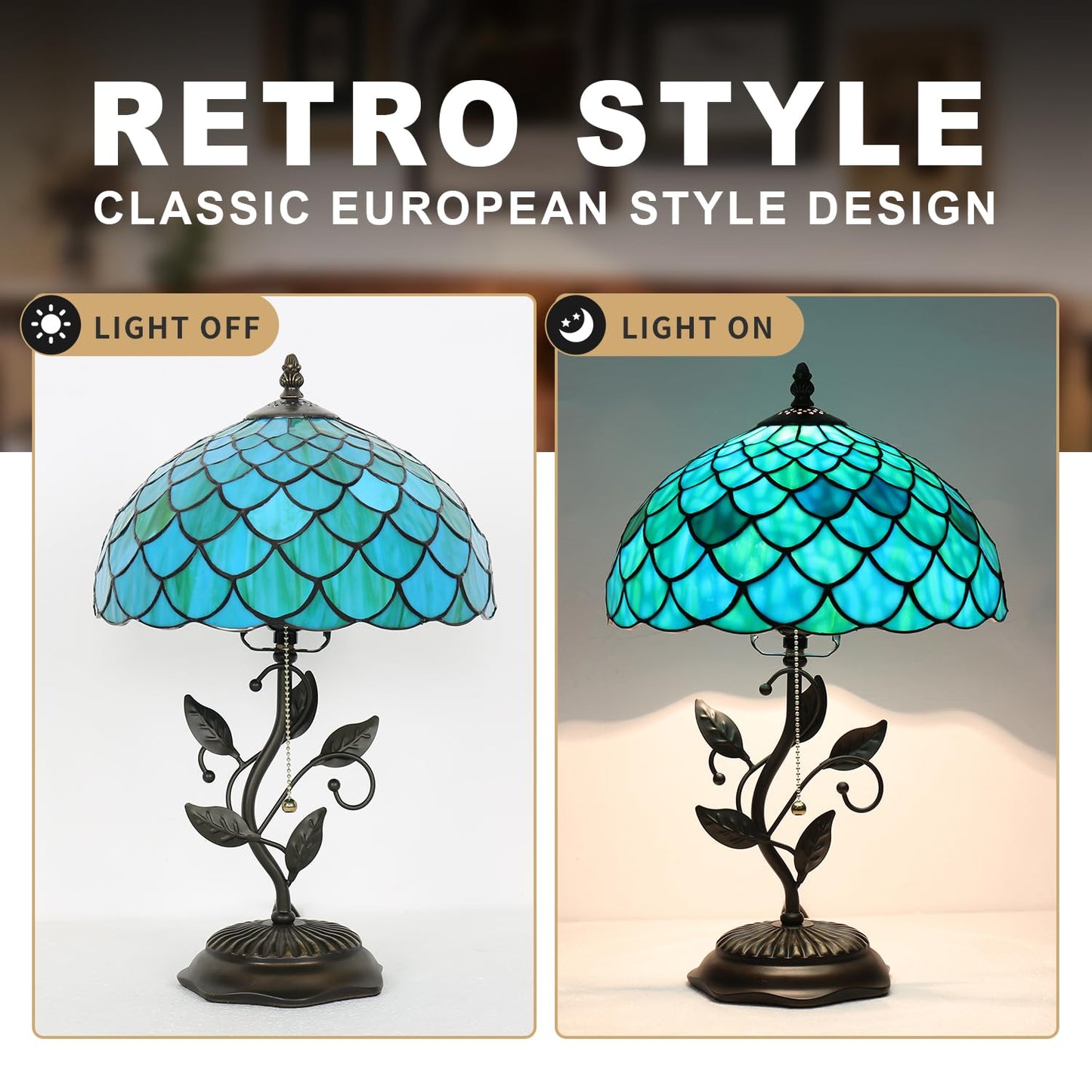 TFNALNB Tiffany Table Lamp, Stained Glass Blue Green Dragon Scale Lamp,Metal Leaf Base Decor Lamp, 12x12x19 Inch for Bedroom, Living Room, Home, Office