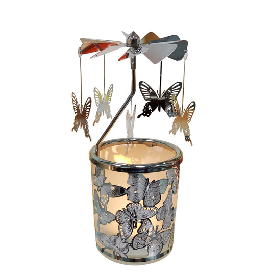 kingnero Carousel Candle Rotary Candle Holder Spinning Candleholder Metal Tea Light Candlestick for Home Decor (Silver Butterfly)