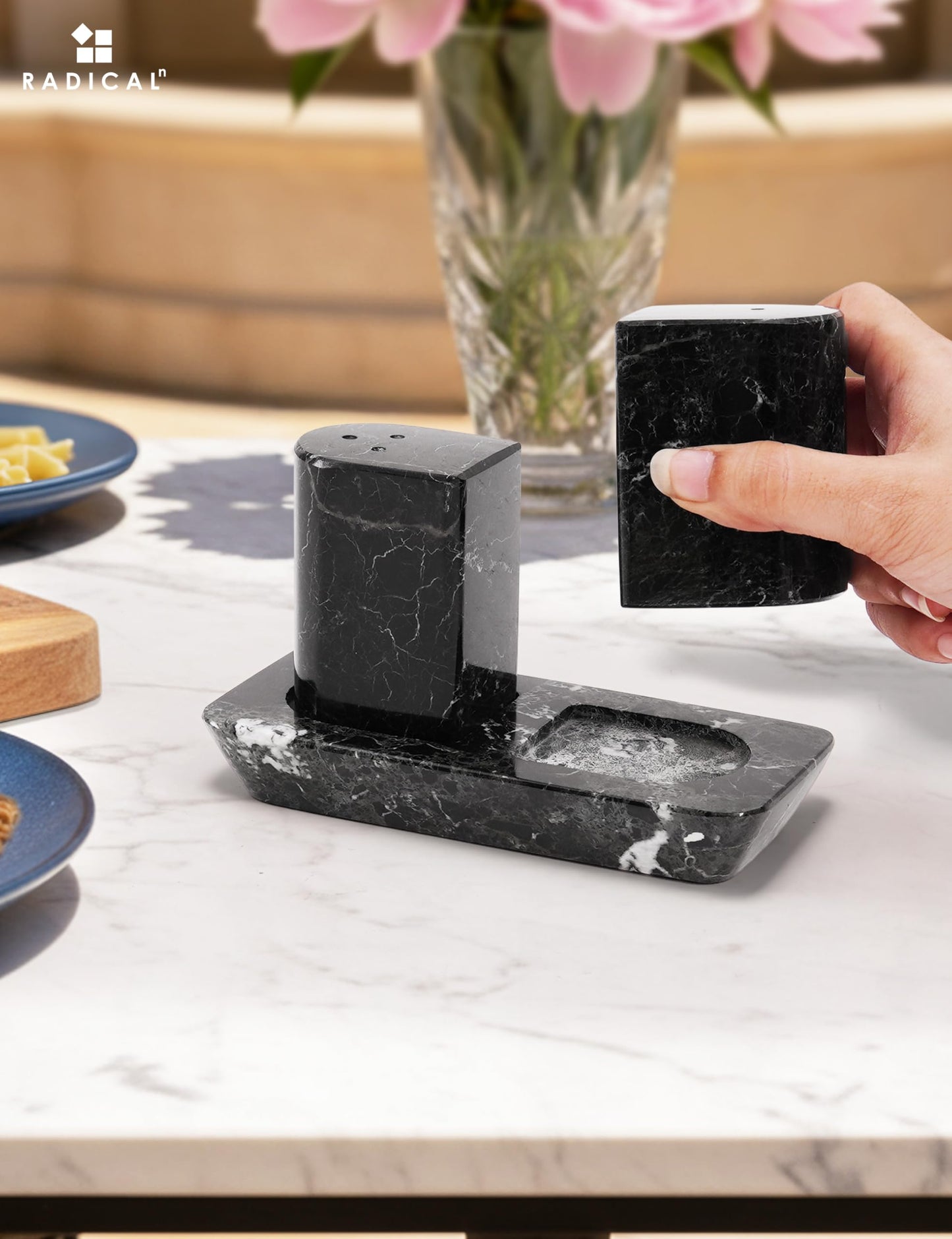 Radicaln Marble Salt and Pepper Shakers – 2.5" Black Handcrafted Stone Spice Set for Kitchen Table, Saleros Pink Salt Holder, Farmhouse Kitchen Decor, Elegant Home Essentials