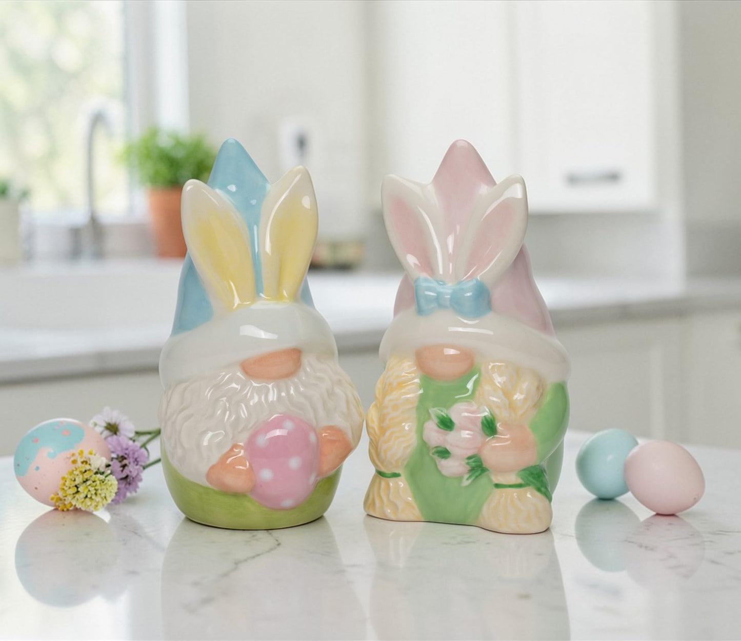 Fine Ceramic Spring Easter Gnome Bunny Rabbit Salt & Pepper Shakers Set, 3-7/8"