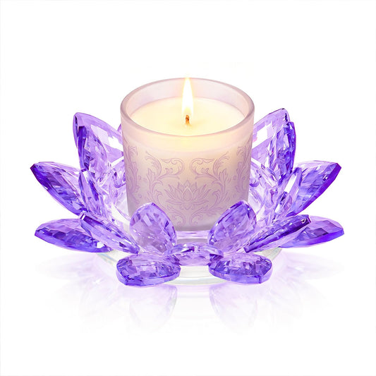 Large Crystal Lotus Tealight Candle Holder for Up to 6" Diameter Pillar Candle Plate Candlestick,Chunky Glass Votive Stand for Wedding, Party, Table Centerpiece Decor and Yoga Meditation (1, Purple)