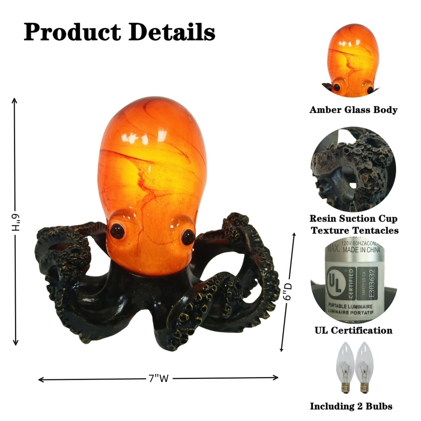 Aotmkj Octopus Lamp, Unique Bronze Resin Suction Cup Texture Tentacles Amber Glass Body Nautical Decor Art Lamp Coastal Accent Decor Night Light