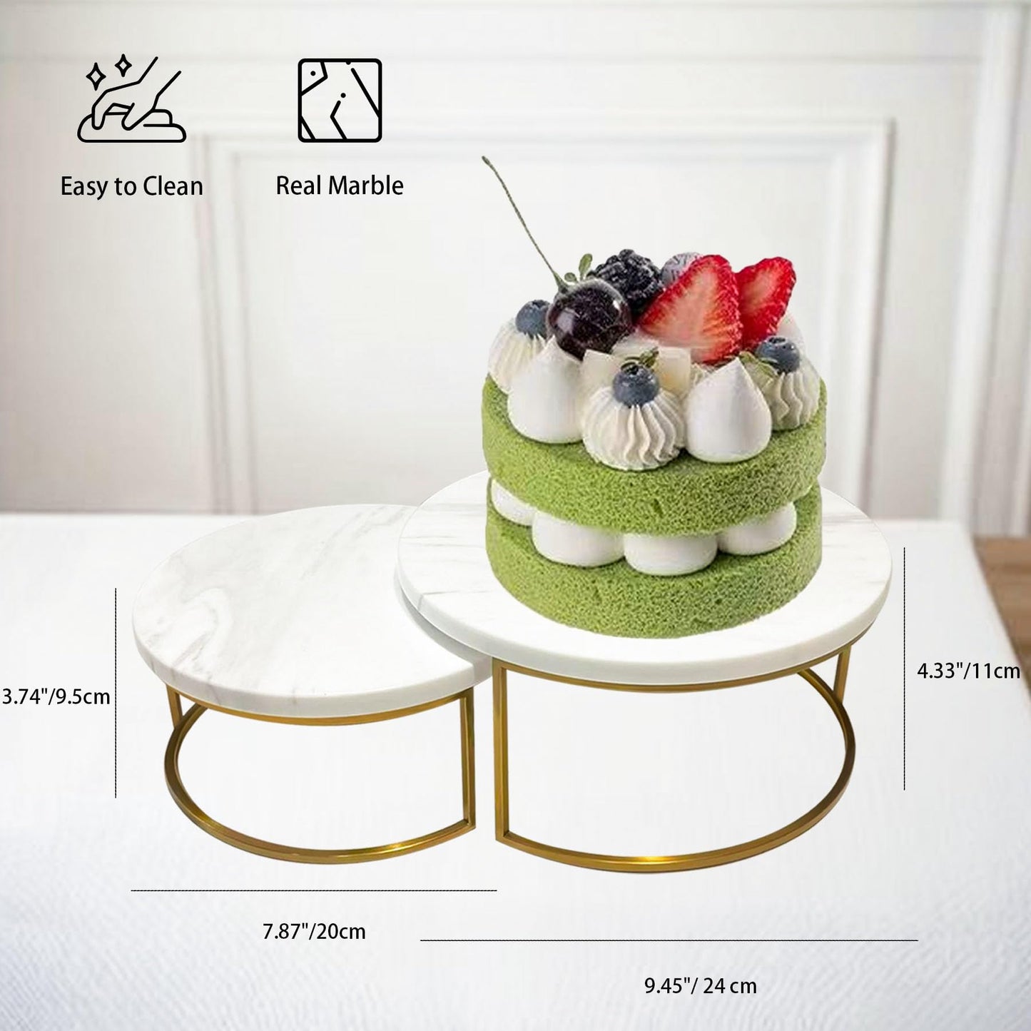 GDAOHELRS 2-Piece Round Marble Cake Stand Set - 9.5 and 7.9 Inch Marble & Gold Dessert Display for Wedding, Party Decor