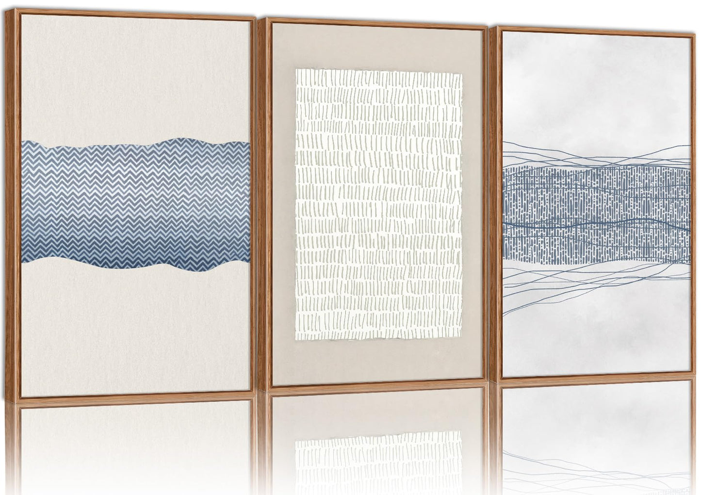 SIGNINART Large Abstract Framed Canvas Wall Art Set of 3, Minimalist Boho Line Art Prints, Modern Neutral Aesthetic Wall Decor, Blue and White Art Paintings for Living Room, Bedroom, Office 16"x24"