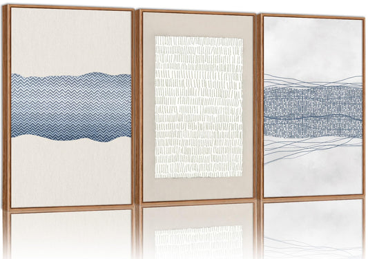 SIGNINART Large Abstract Framed Canvas Wall Art Set of 3, Minimalist Boho Line Art Prints, Modern Neutral Aesthetic Wall Decor, Blue and White Art Paintings for Living Room, Bedroom, Office 16"x24"