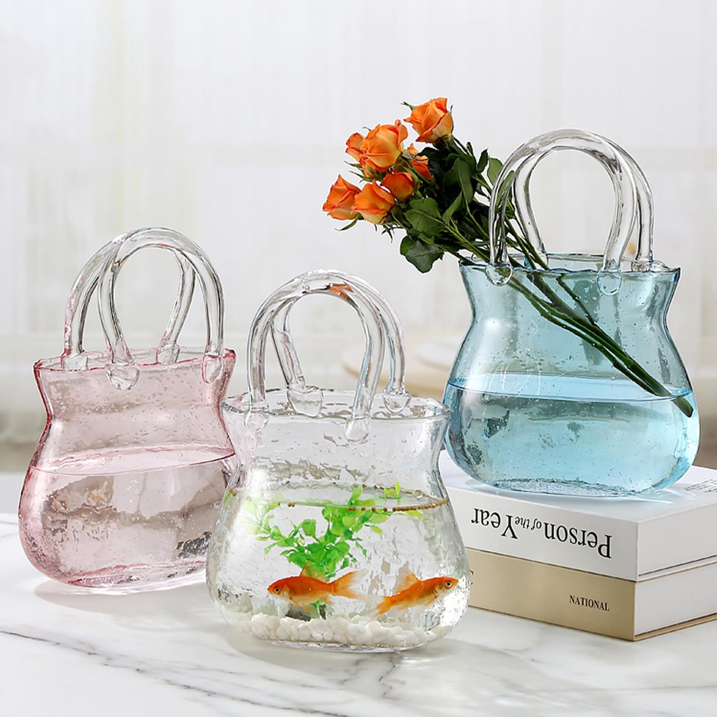 Glass Vase with Elegant Purse Design, Hand Purse vase with Fish Bowl, Unique Flower Vase with Handle and Bubbles - for Home Decor/Office/Garden/Wedding Decor/Enterpiece/Events (Purse Blue A)