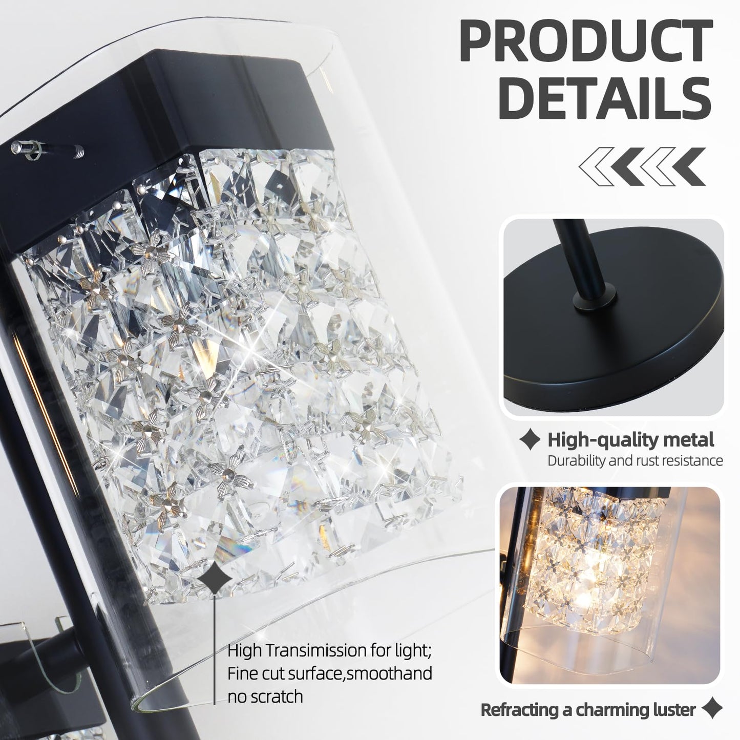 TYhogar Crystal Table lamp-Modern Black Lamps for Living Room,Plug in Bedside Lamps with Switch,Elegant Desk lamp for Room Decor,Bedroom,Dining Room,23" Tall