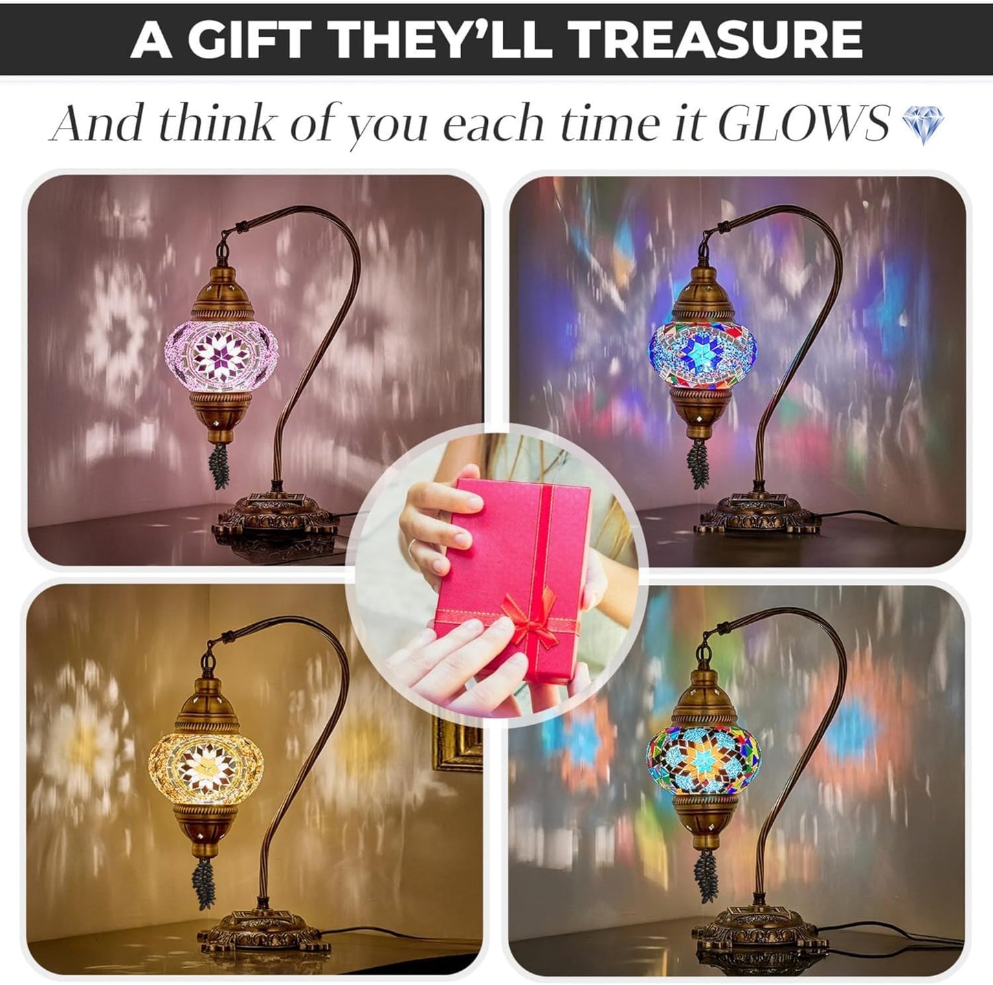 DEMMEX Turkish Moroccan Mosaic Table Lamp – Handcrafted Tiffany-Style Colorful Glass Swan Neck Bedside, Desk, Table Light, Boho Artisan Accent Lighting for Bedroom or Living Room – 15" H, Turquoise