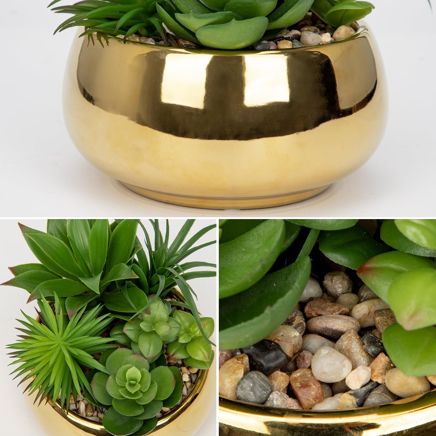 Hollyone Succulents Plants Artificial in Pots Fake Succulents for Outdoors Indoor Faux Succulent Arrangement Potted Plant in Gold Ceramics Planter Bowl for Garden Office Desk Living Room Home Decor