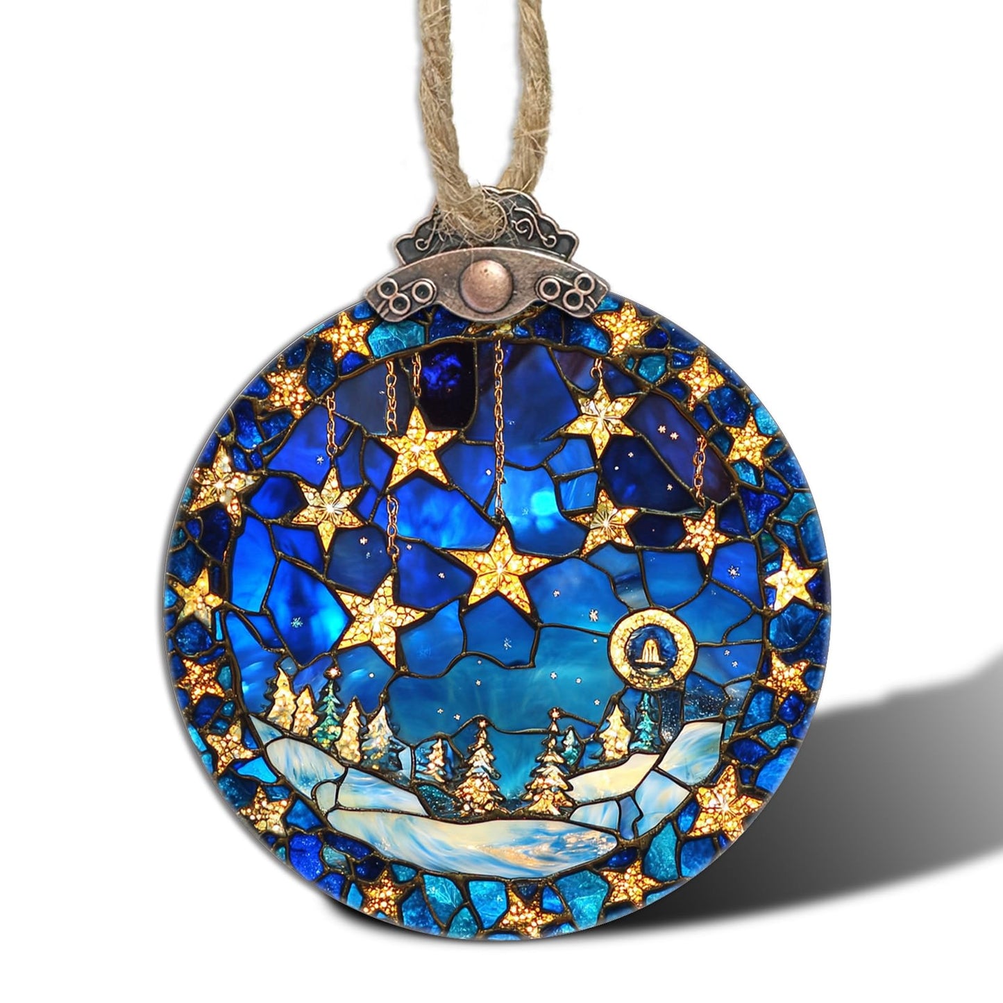 AMDERVEN Stained Glass Christmas Decorations, Blue Starry Winter Snow Scene Suncatcher for Window Christmas Tree Hanging Ornaments Star Sun Catcher Xmas Decor Gifts for Women Men Mom Nana Friend