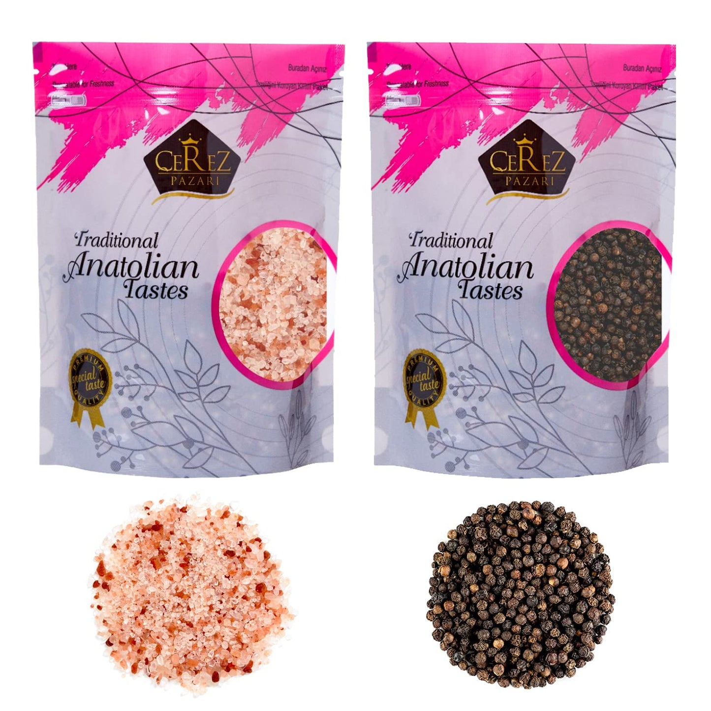Cerez Pazari Whole Black Peppercorns 12 oz, & Himalayan Pink Salt Coarse Grain 2 lbs, Premium Quality Natural Seasonings, Freshly Packed For Grinder Refill, Resealable, Non-GMO, Gluten-Free, 2-Pack