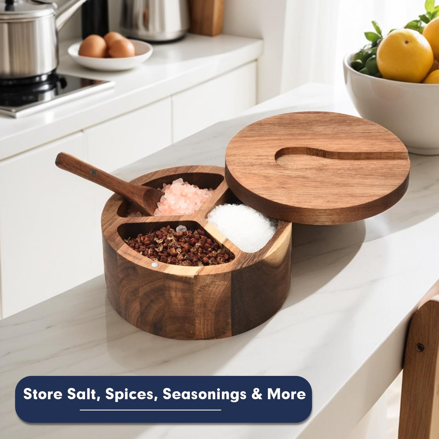JUSTEMI Wood Salt and Pepper Box, 3 Compartment Salt and Pepper Cellar With Lid and Spoon,Spice Condiment Container for Kitchen Countertop