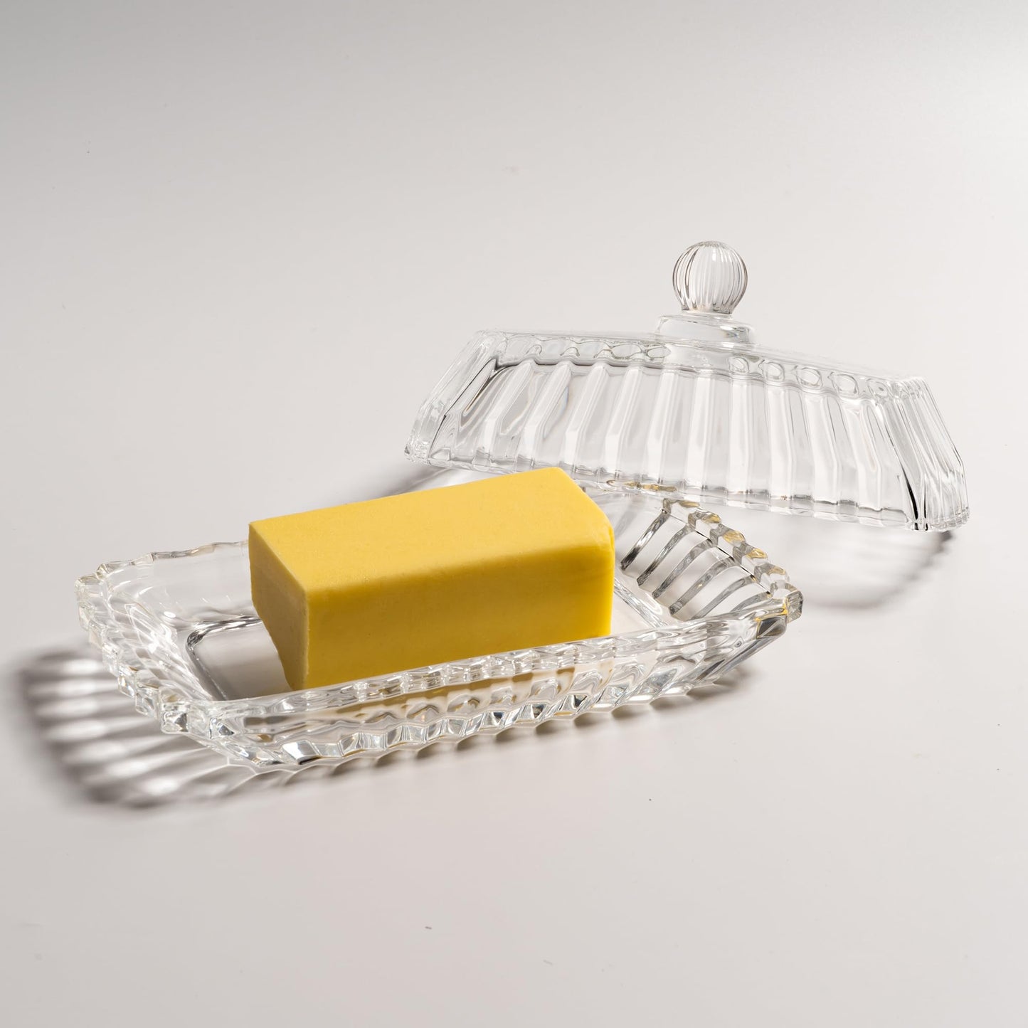 Clear Glass Butter Dish with Lid, Covered Butter Stick Holder Tray, Crystal Glass Butter Storage Container for Fridge Countertop