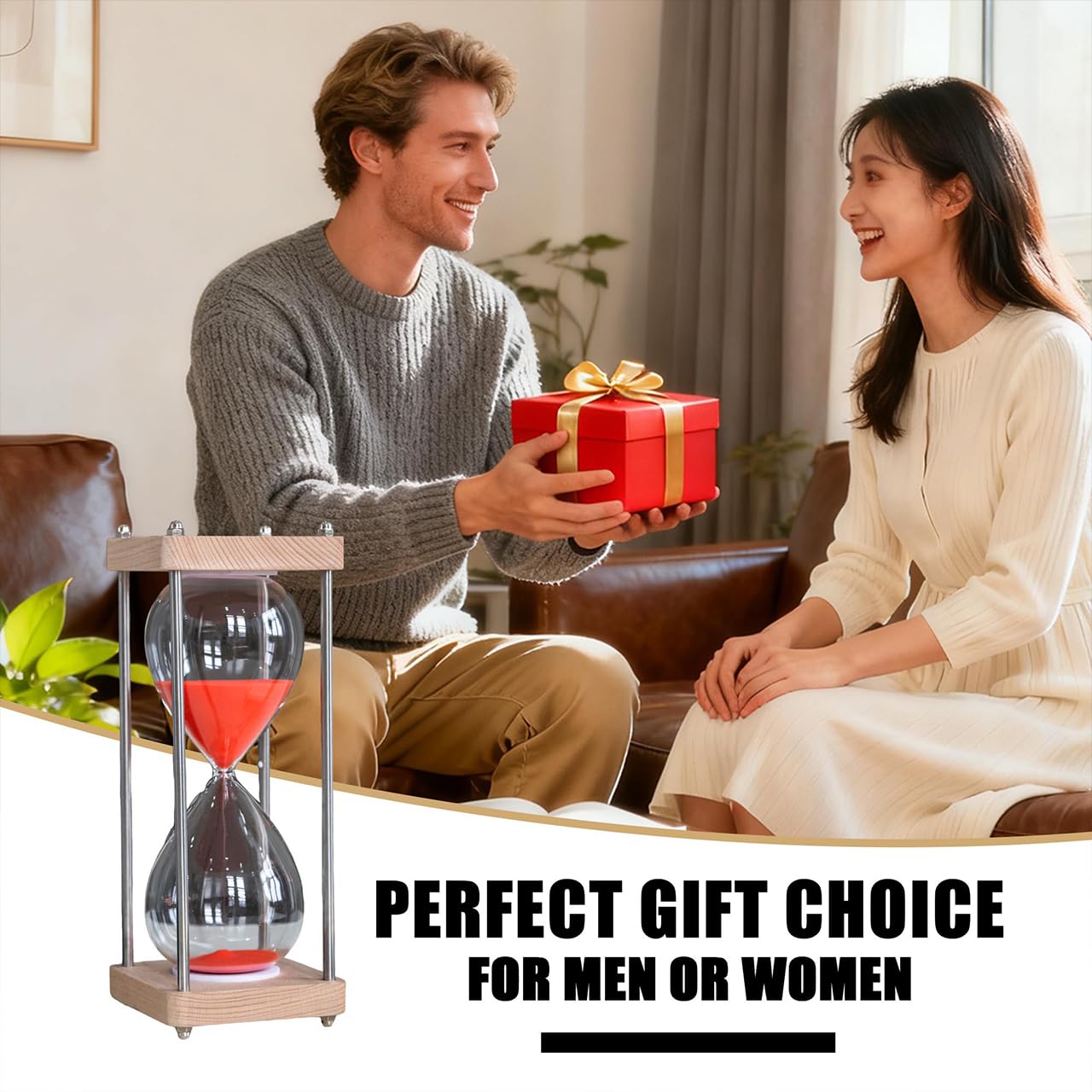 Large 60 Minute Hourglass, with Transparent Glass & Natural Oak Wood Base, Modern Minimalist Office Home Desktop Decor (Red)