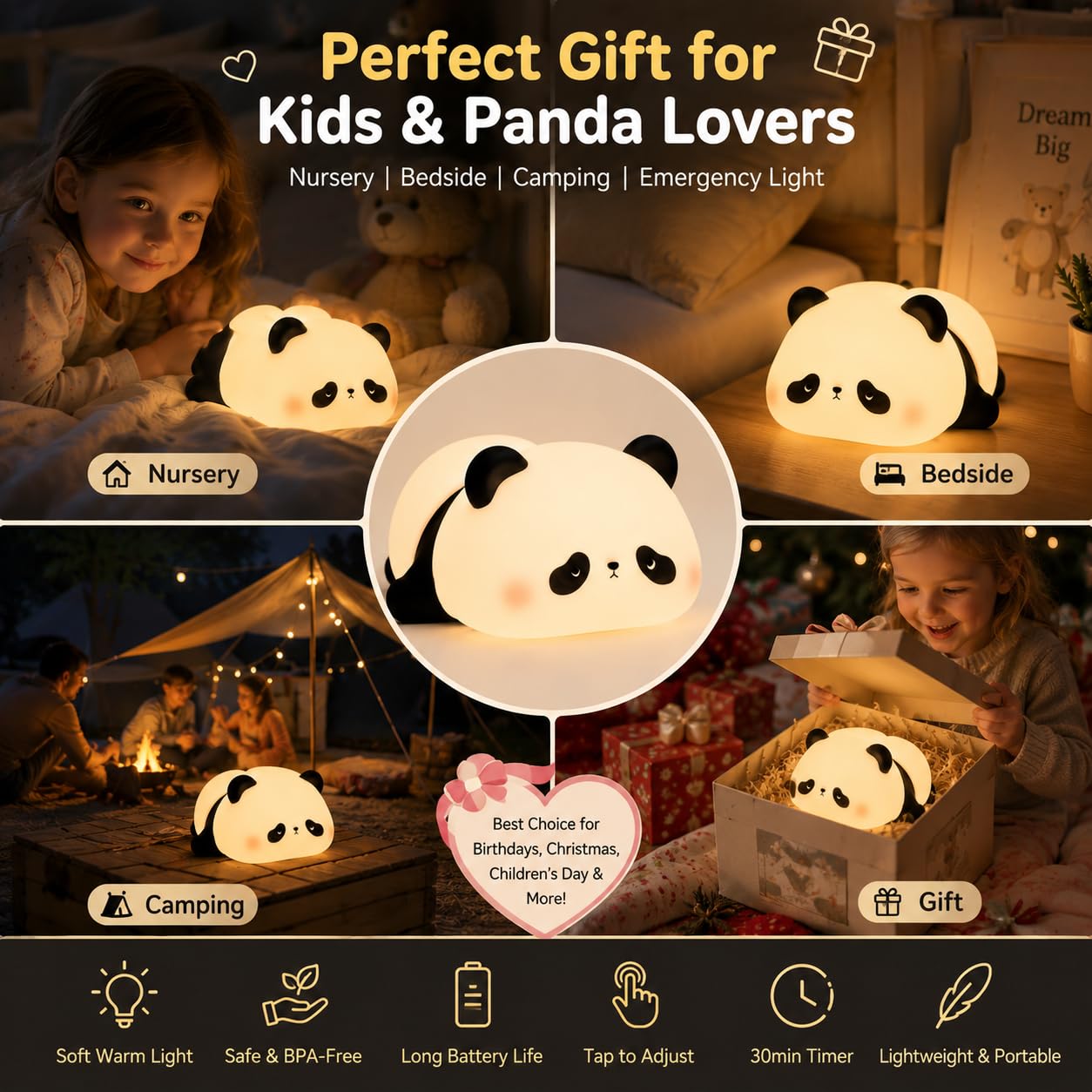 VidwanHome Cute Panda Night Light for Kids, Silicone Baby Squishy Lamp, 3-Level Dimmable Nursery Light for Bedroom, Rechargeable Portable Lamp, Desk Decor Birthday Christmas White Elephant Gift