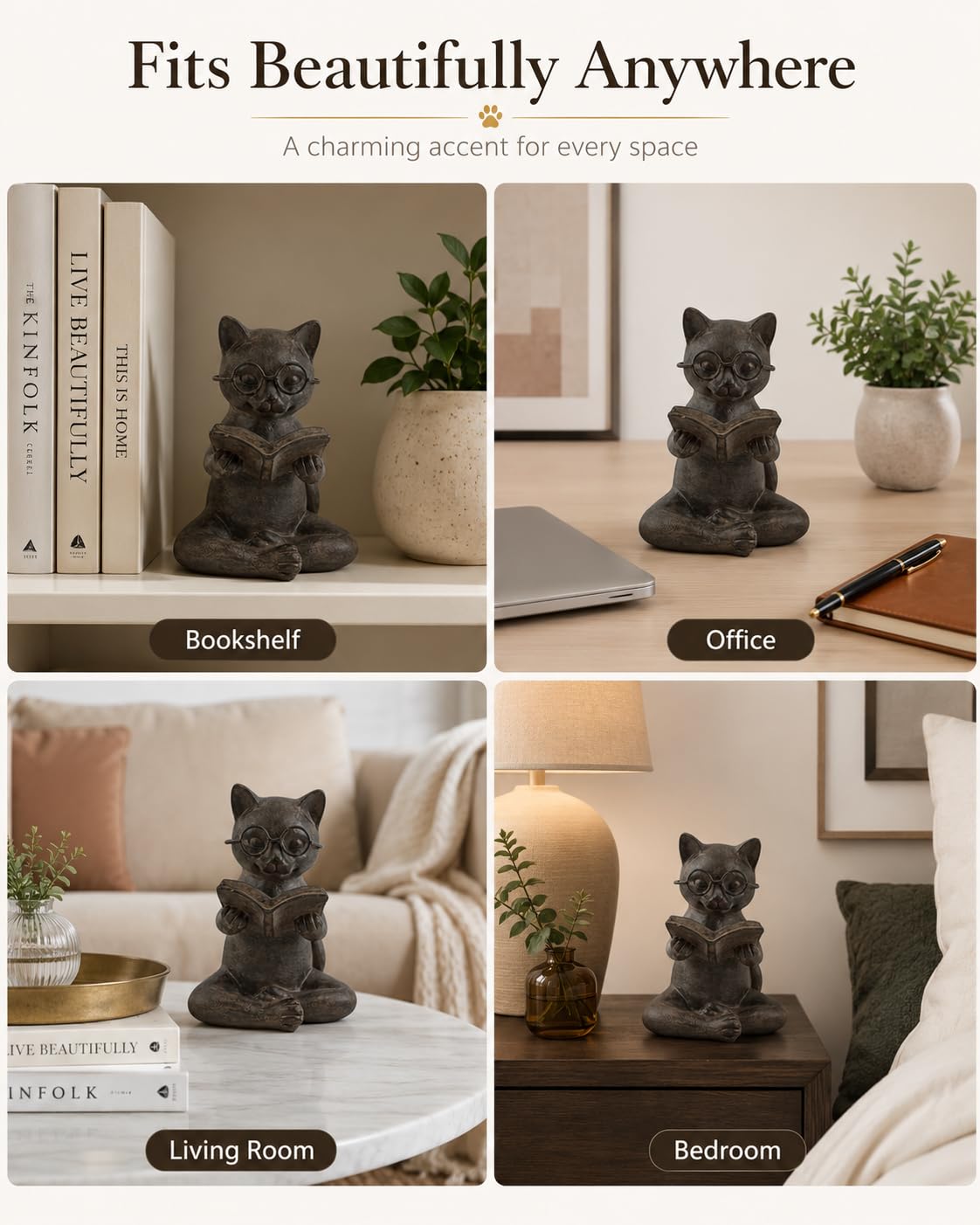 Bronze Cat Figurine Reading Book, Resin Home Décor Accents Statue with Glasses, Cute Tabletop Decor for Bookshelf Desk Office Library, Cat Lovers Gifts for Women Man Teacher Student (Reading Cat)