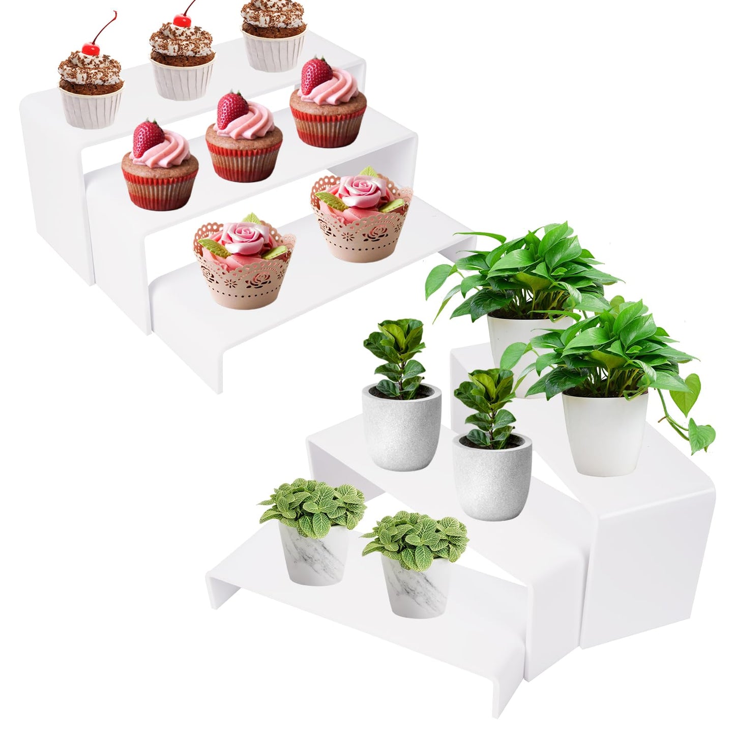 CRAFTIFANO Acrylic Display Risers 2 Sets 3 Tier Cupcake Stand for Dessert Jewelry Pop Figures Shelves Retail Shoe Showcase (White)