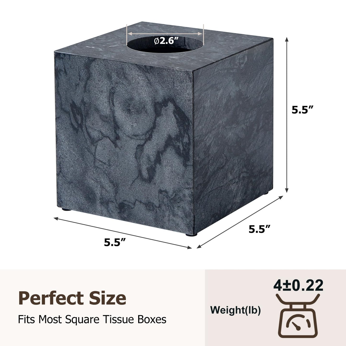 Real Natural Marble Tissue Box Cover, 5.5 Inch Square Marble Tissue Box Holder with Open Bottom, Heavy Stone Decorative Organizer for Bathroom Vanity, Kitchen Countertop, Luxury Home Décor