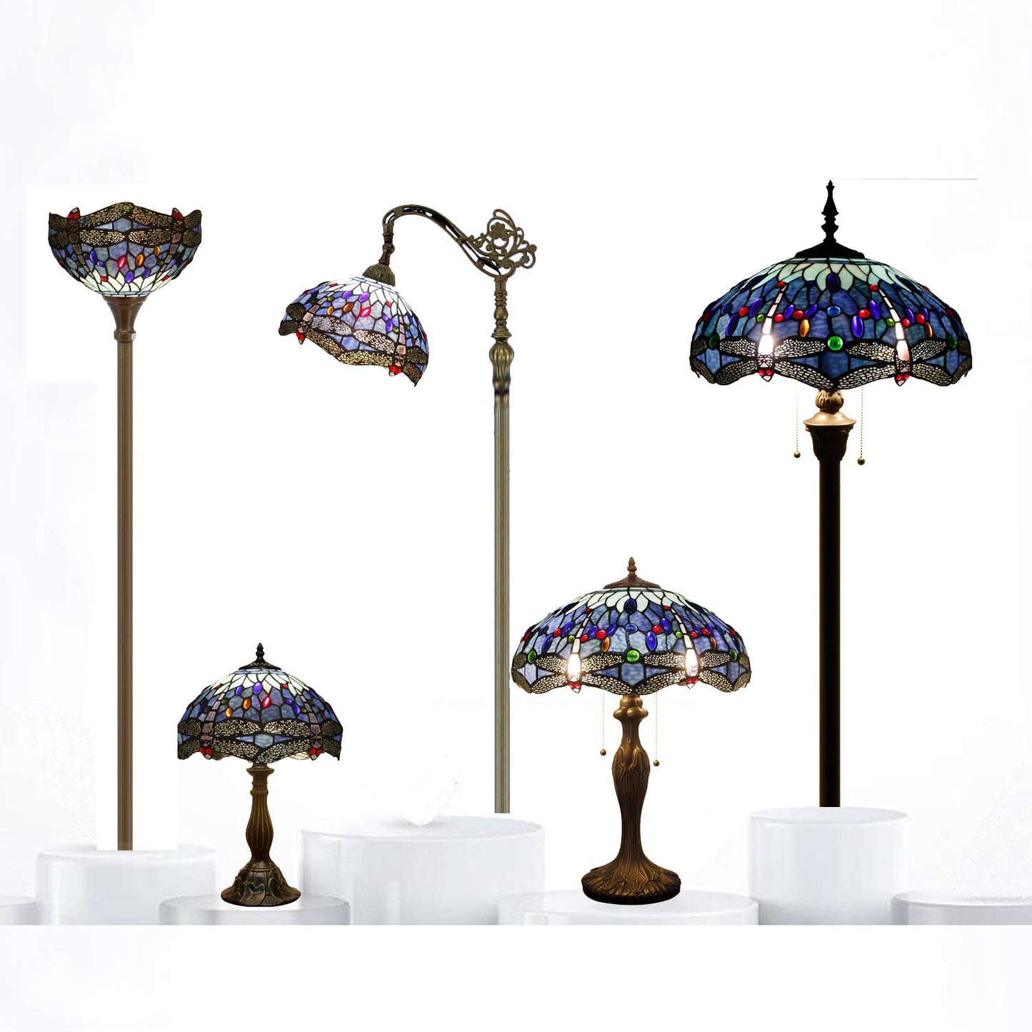 WERFACTORY Tiffany Style Table Lamp Blue Stained Glass Dragonfly Bedside Desk Reading Light Metal Base 16X16X24 Inches Decor Bedroom Living Room Home Office S004 Series