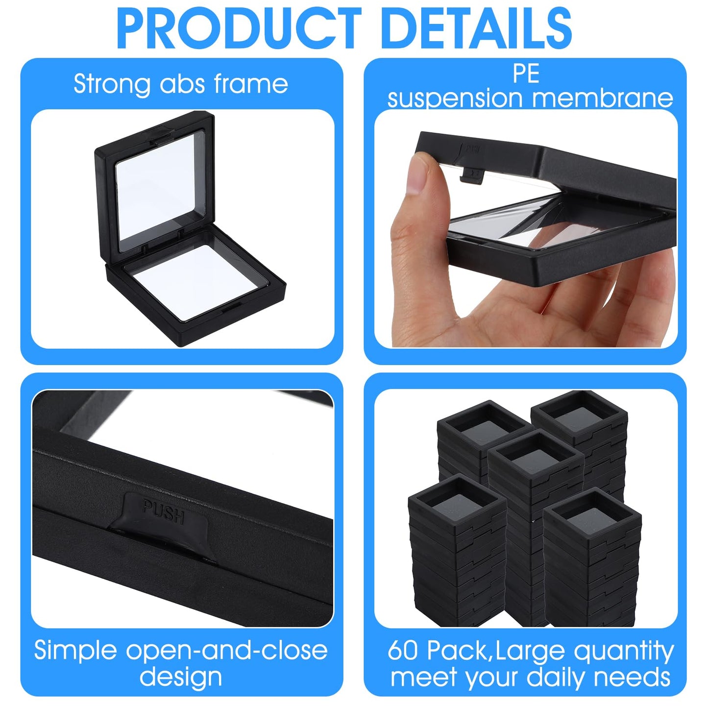 60 Pcs 3D Floating Display Case, 2.8 x 2.8 x 0.8 Inch Transparent Film 3D Floating Coin Display Frame Holder Stands for Challenge Coins, Jewelry, Shells, Gems, Rocks, Fossils, Specimen (Black)