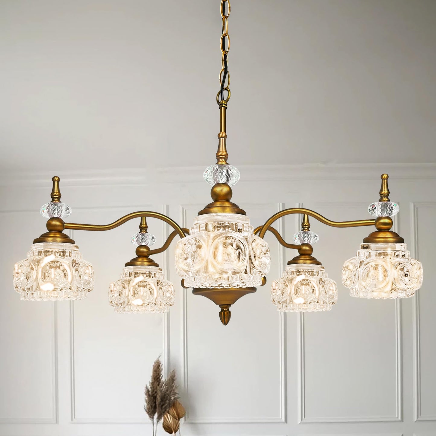Montex Brass Pendant Light Fixture, Gold Vintage Chandelier Light Fixture 5 Lights, Include 6 Light Bulbs Glass Pendant Light Crystal Hanging Light