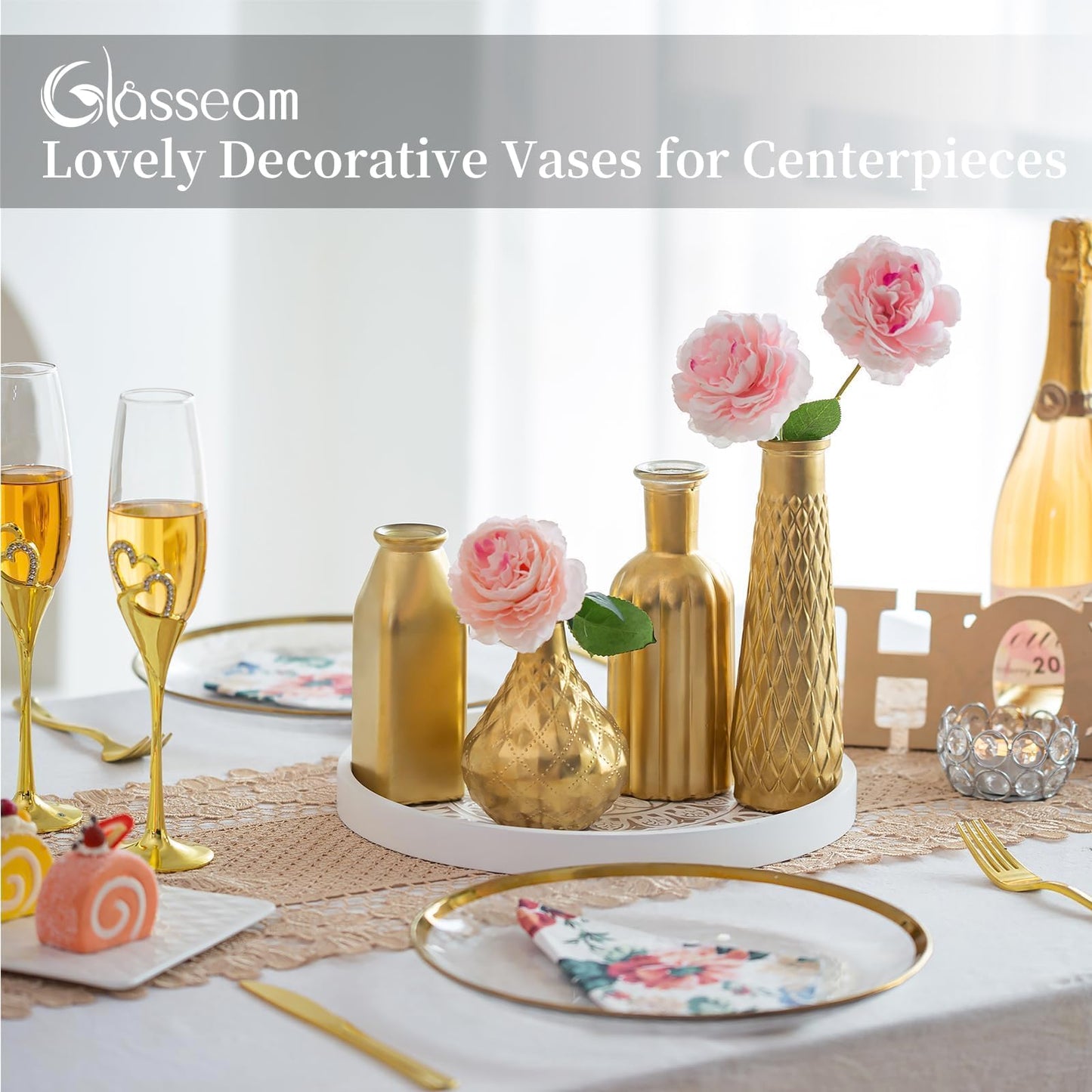 Glasseam Gold Glass Vase, 8pcs Cylindrical Home Decor, Antique Art Deco Style, Holds Water, Gold Electroplating Finish, Living Room Kitchen Bathroom Bedroom Decor, Table Centerpieces