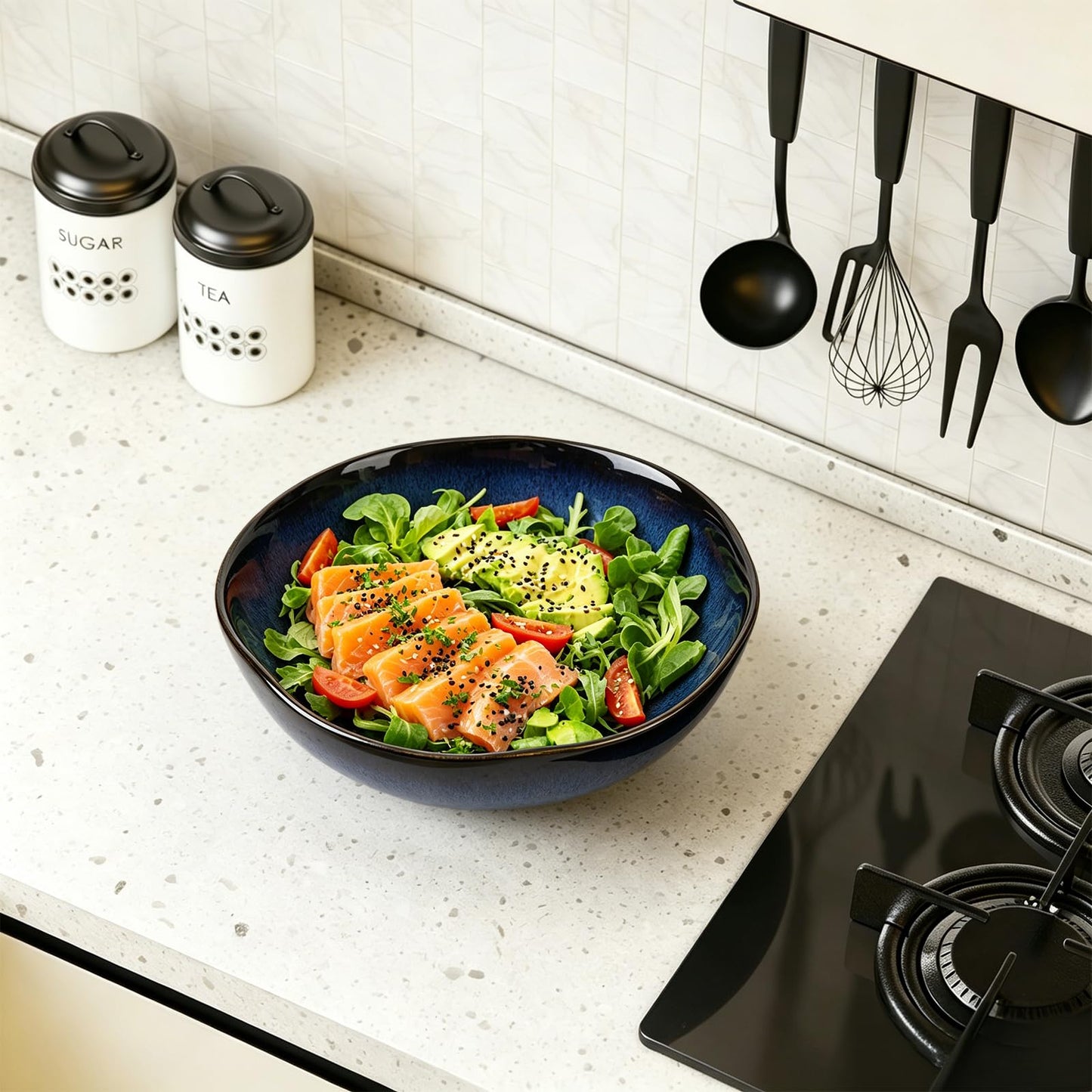 YIK TUNG 47Oz Large Ceramic Salad Bowls,8.9" Round Serving Bowl with Blue Vertical Stripe Design for Serving Pasta,Soup, Cereals,Fruit, Chips, and More, Microwave & Dishwasher Safe