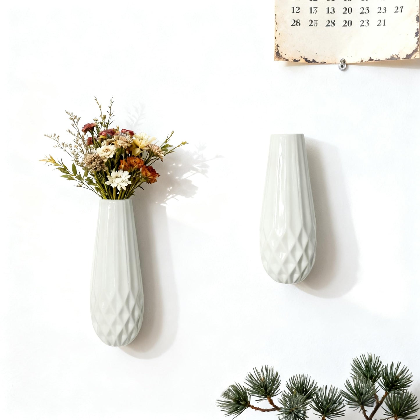 DOCFLVAS Wall Ceramic Vase — 2 Pack Textured Matte White Hanging Vase | Modern Minimalist Ceramic Wall-Mounted Vase for Single Stems & Dried Flowers