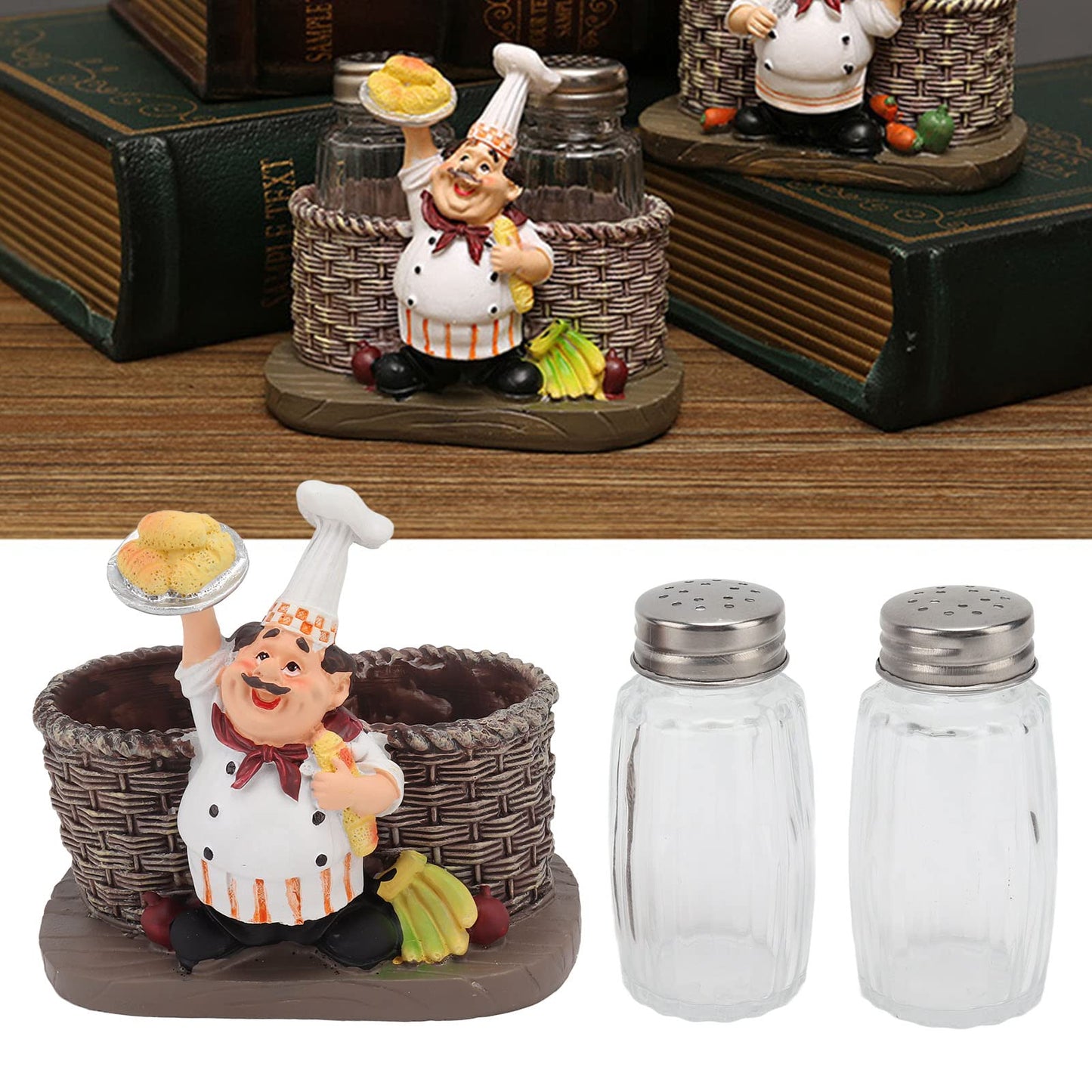 Salt and Pepper Shaker Sets, 2Pcs Shaker Spice Bottle with French Chef Sculpture Decoration Sitting Chef Decorative Statue Spice Organizer for Kitchen
