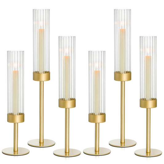 Turvono Gold Hurricane Candle Holders Set of 6, Brass Metal Candlestick Holders for Taper Candles, Modern Table Centerpiece Decor for Wedding, Party & Holiday Decorations