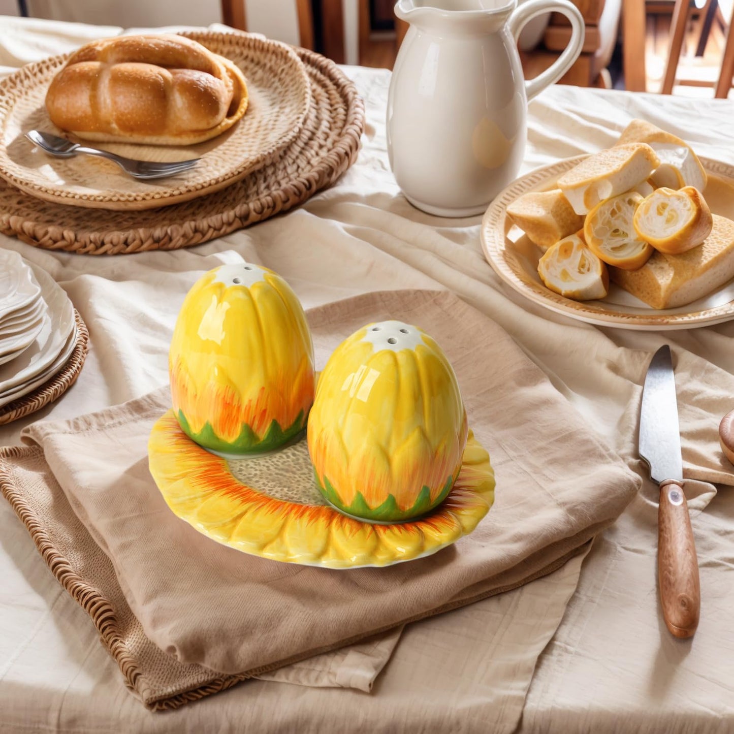 Hand-Painted Sunflower Ceramic Salt and Pepper Shaker Set - Farmhouse Kitchen Decor,Includes Storage Tray, Perfect Housewarming & Hostess,Birthday Gift