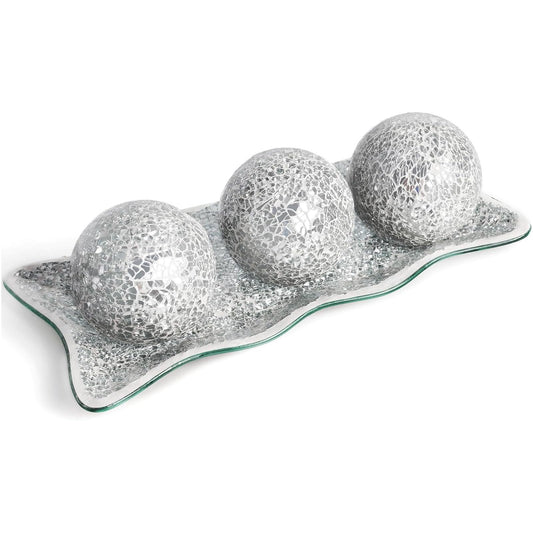 JOHOUSE 3PCS Decorative Balls with Tray, 3 Inch Silver Orbs Glass Balls for Centerpiece Bowls Mosaic Sphere for Home Decoration Dining Table