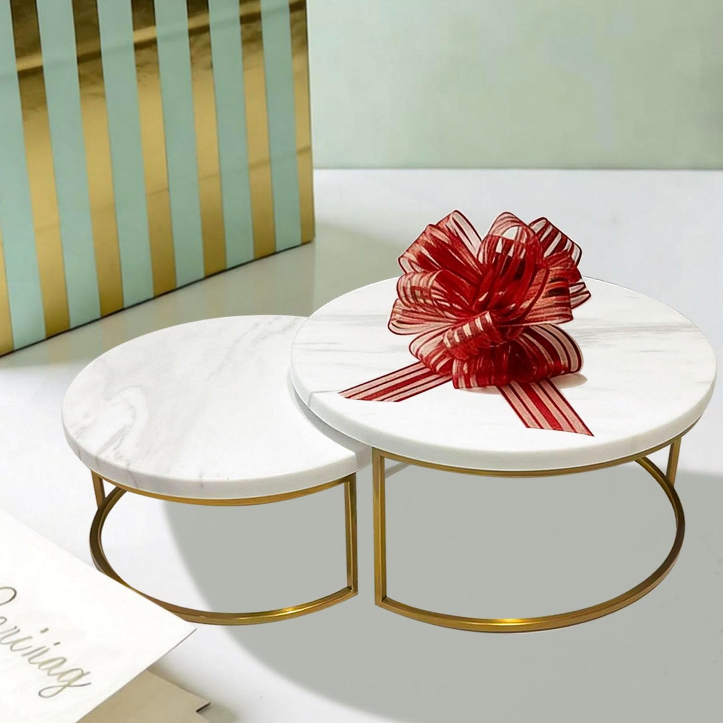 GDAOHELRS 2-Piece Round Marble Cake Stand Set - 9.5 and 7.9 Inch Marble & Gold Dessert Display for Wedding, Party Decor