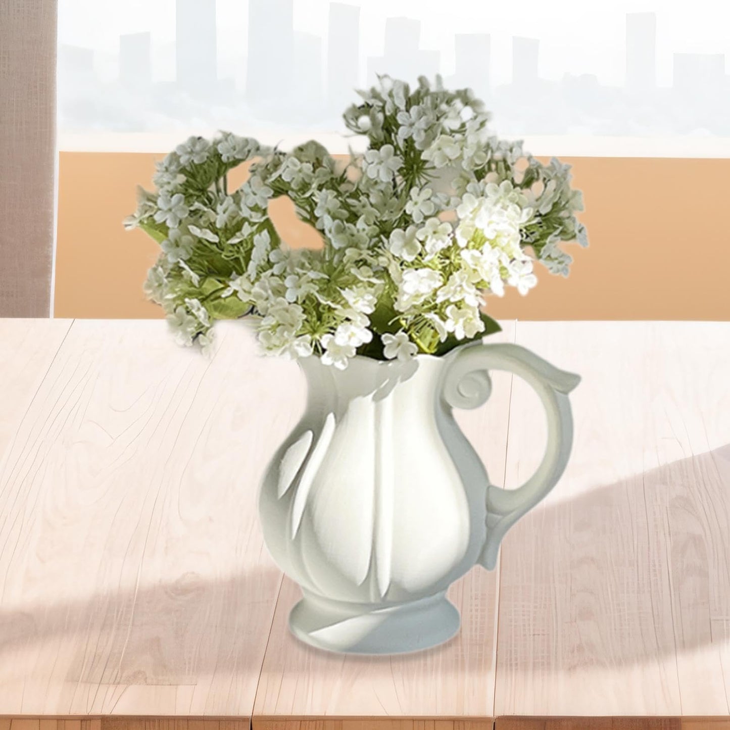 White Ceramic Pitcher vase with Handle – a Small Farmhouse Table Centerpiece for Fresh Flowers on Coffee Table, Desk, or Dining Room,About 7 and a Half inches Tall and Wide