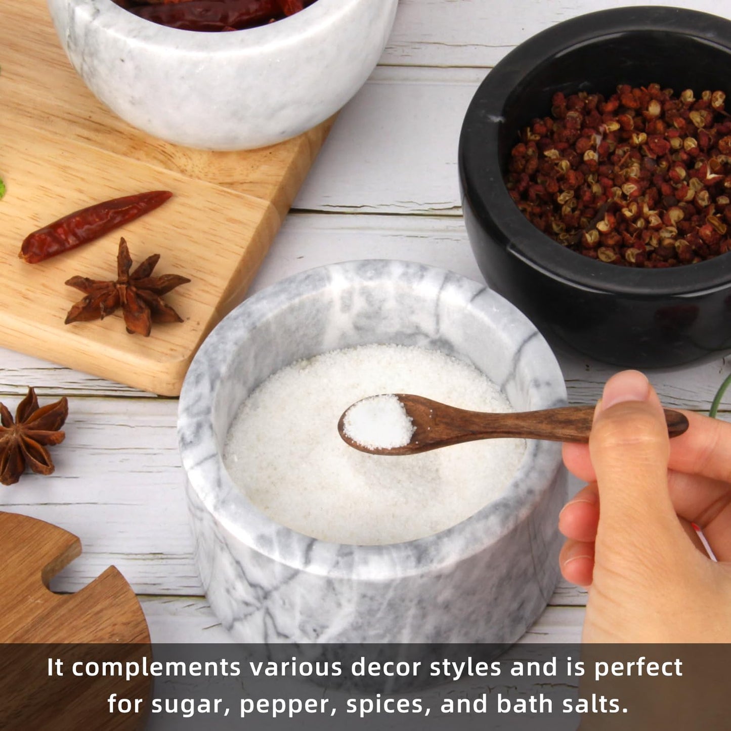 HESHIBI Marble Salt Cellar Box with Wood Lid & Spoon, Modern White Stone Salt or Pepper Sugar Spice Seasoning Bowl Container Jar Holder Well Keeper Dish Pig Crock for Kitchen (Light Grey Bowl)