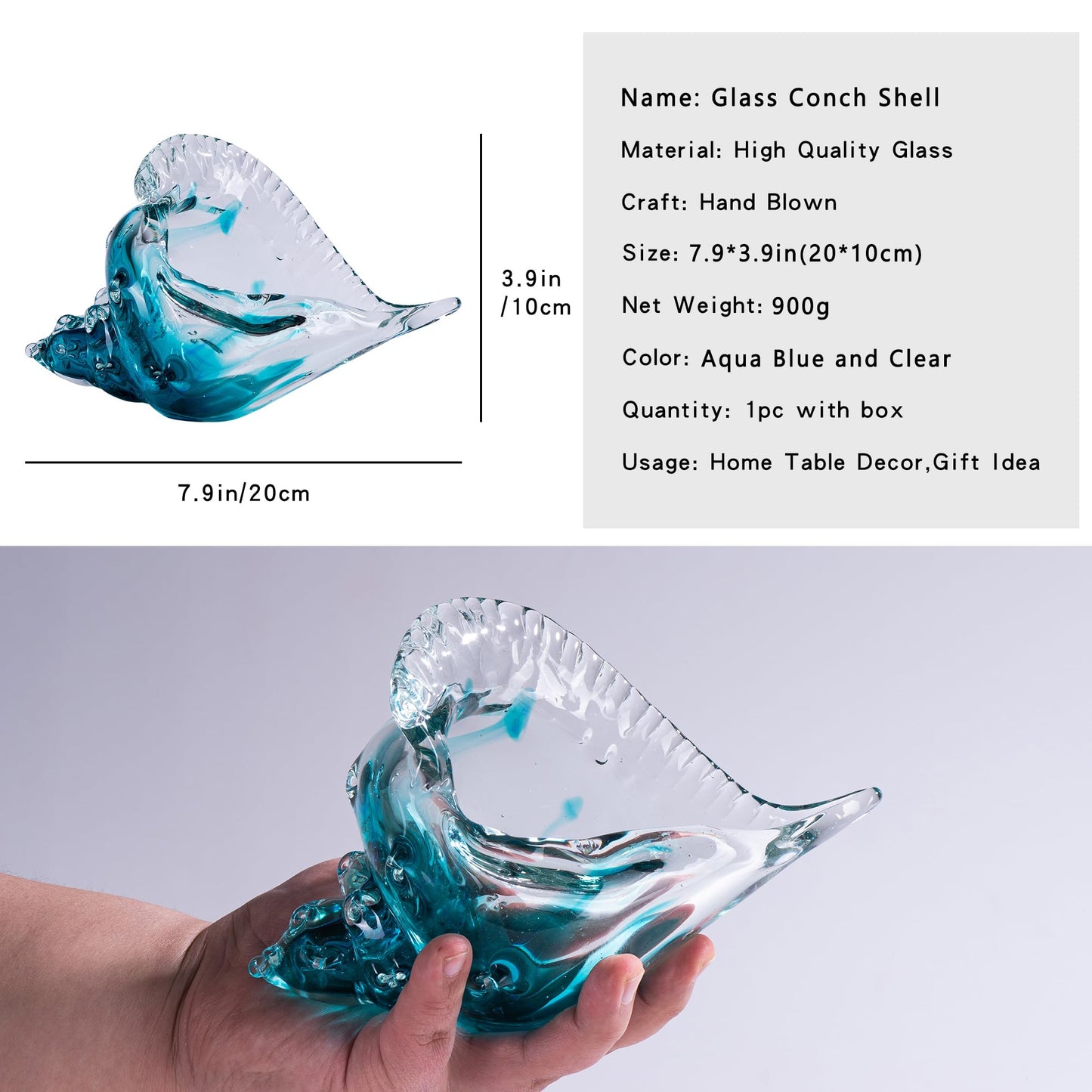 QIANCHANG 8" Blown Glass Conch Shell, Large Blue Glass Seashells Sculpture Table Centerpiece, Coastal Ocean Beach Themed Room Gifts for Women