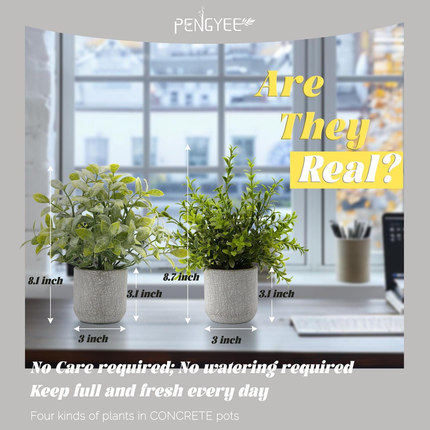 PENGYEE Fake Plants Indoor Set, 7Pcs Artificial Plants in Cement Planter for Home Decor