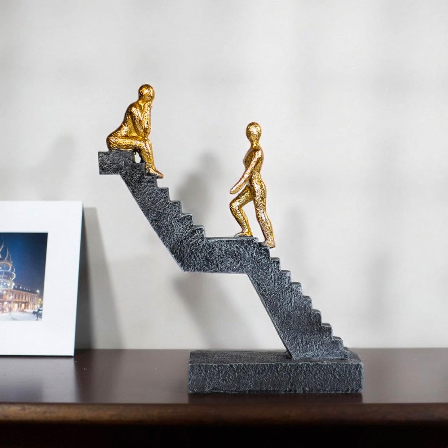 Hebdids Modern Staircase Sculpture, Gold Figures on Black Steps, 8.66 x 7.09 x 2.56 inches, Contemporary Art Decor