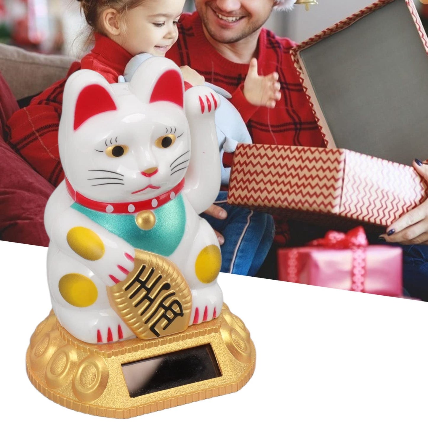 Tiiyee Chinese Lucky Cat, Waving Arm Maneki Neko Figurine Solar Powered Fortune Beckoning Cat Statue Decorations for Feng Shui Welcoming Home Car Business Openings Front Desk Ornaments (White)