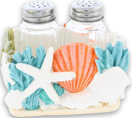 The Bridge Collection Decorative Coral Salt And Pepper Shaker Holder With Shakers Included - Coastal Kitchen Table Accent For Ocean Or Beach Theme - Seaside Kitchen Decor For Beach House