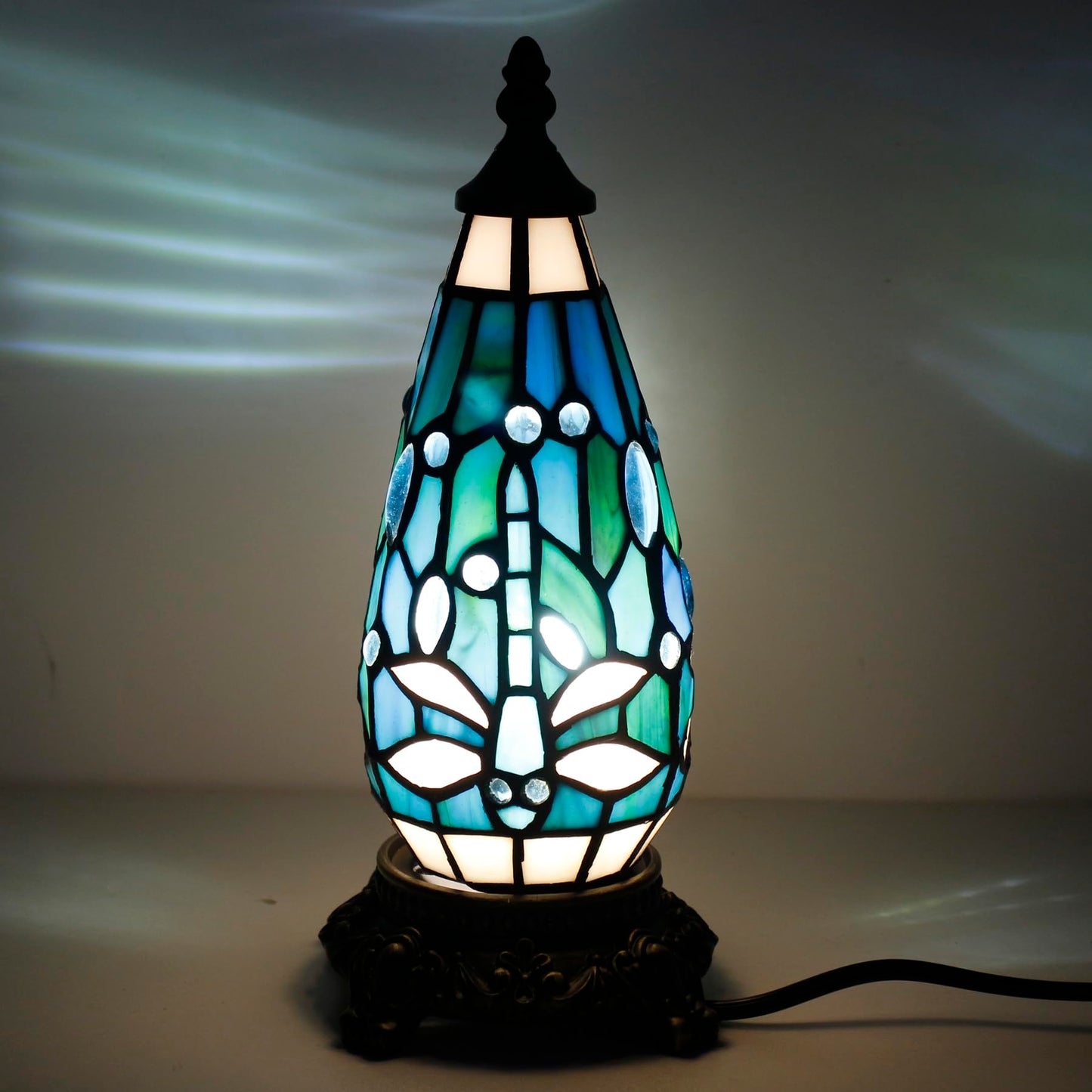 TCODTPOL Small Tiffany Stained Glass Table Lamp 5.5X11 Inch (Green Dragonfly)