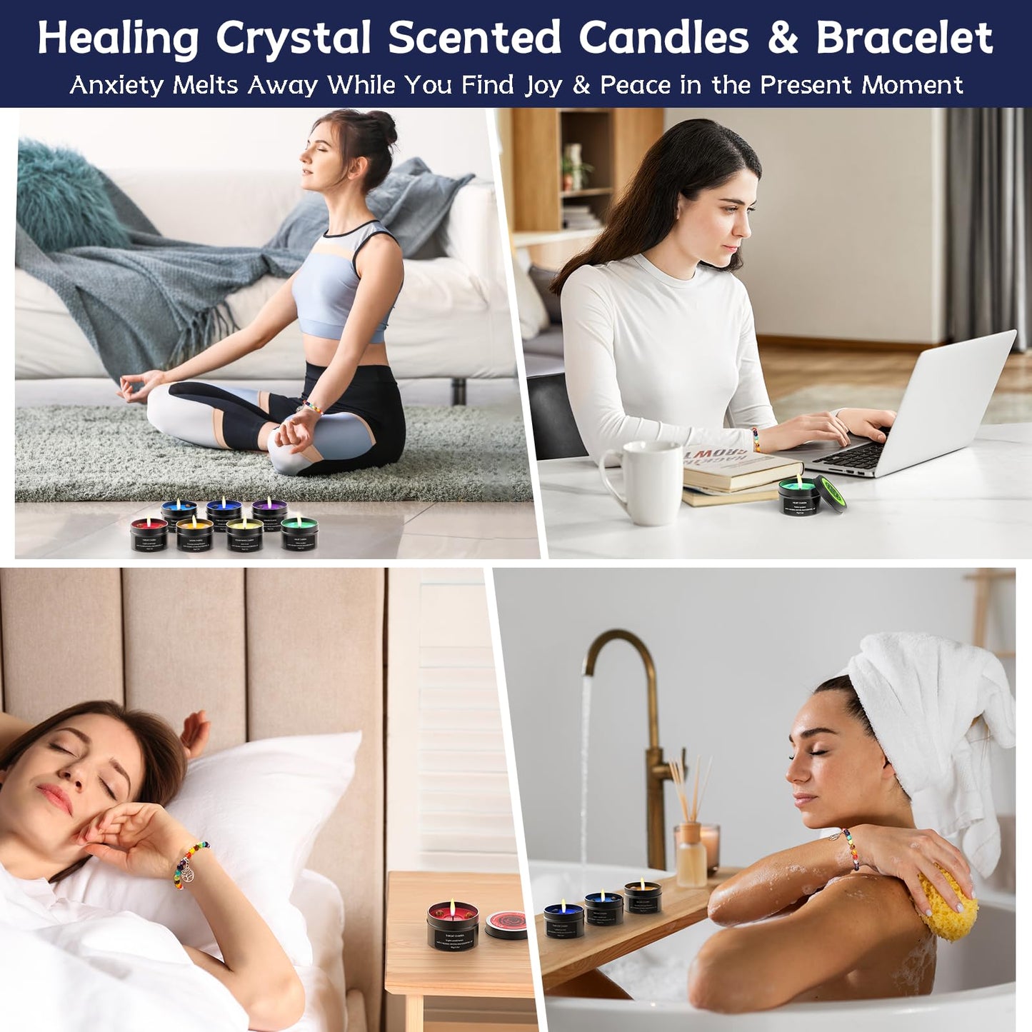 7 Chakra Crystal Candles with Healing Stones & Bracelets - Scented Meditation Candles for Stress Relief, Spiritual Decor, Yoga & Cleansing