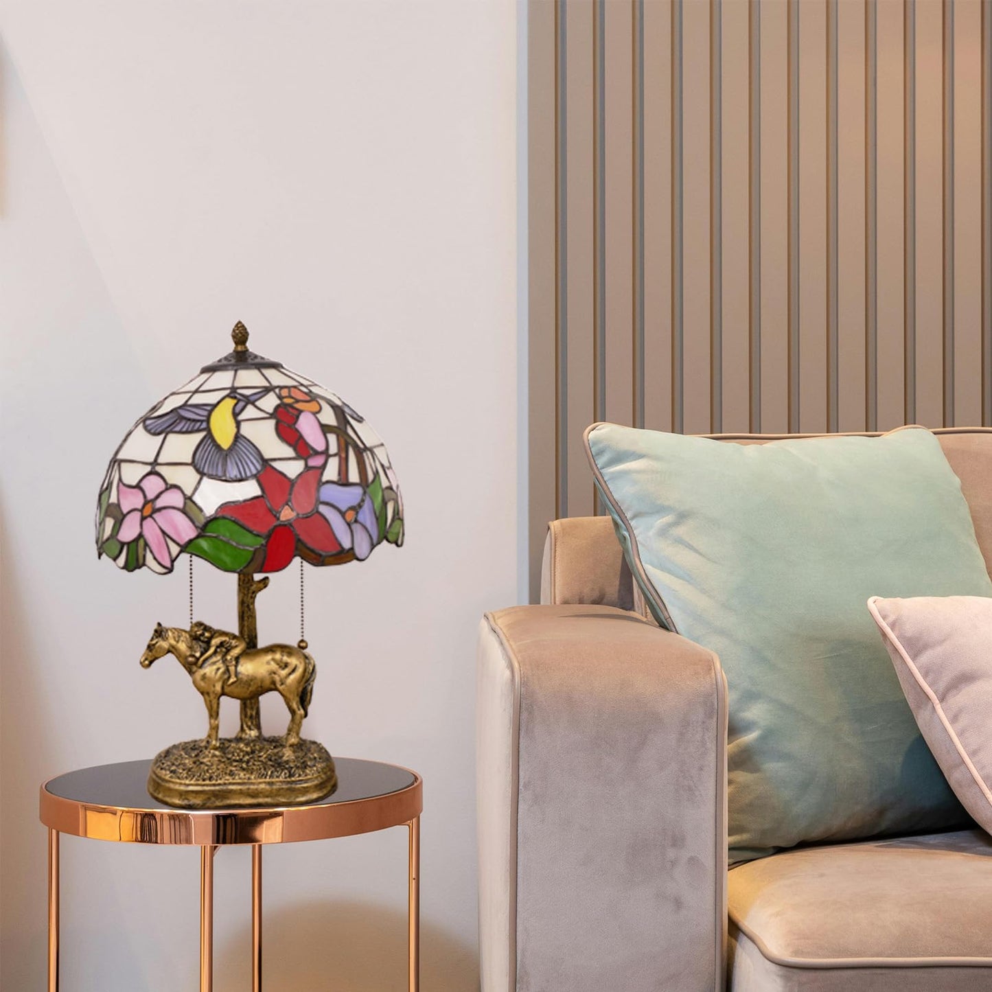 JGWSQ Hummingbird Tiffany Table Lamp, Flower Stained Glass 2-Light Lamp