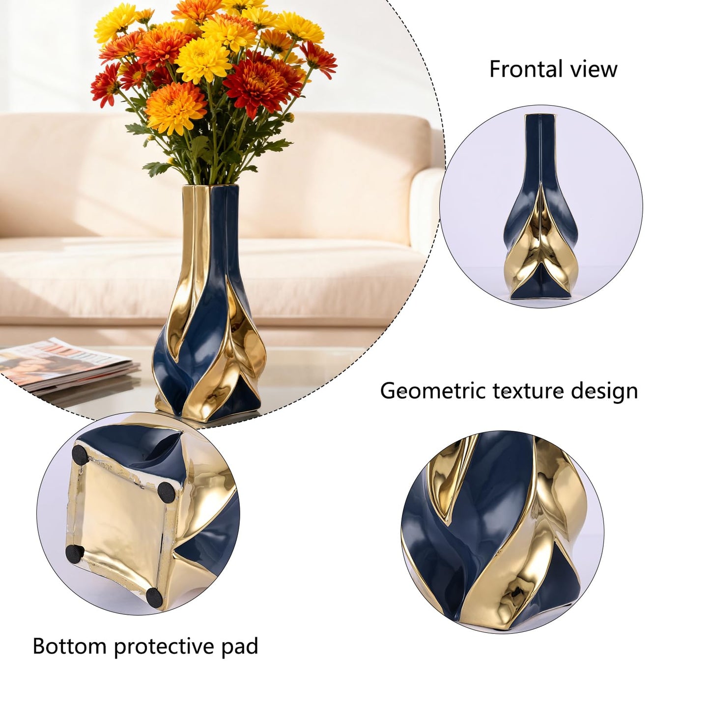 10.6" Blue and Gold Ceramic Vase, Modern Geometric Flower Vase for Dining Table Centerpiece, Elegant Decorative Vase for Pampas Grass, Living Room, Bedroom, Office, Tabletop Decoration