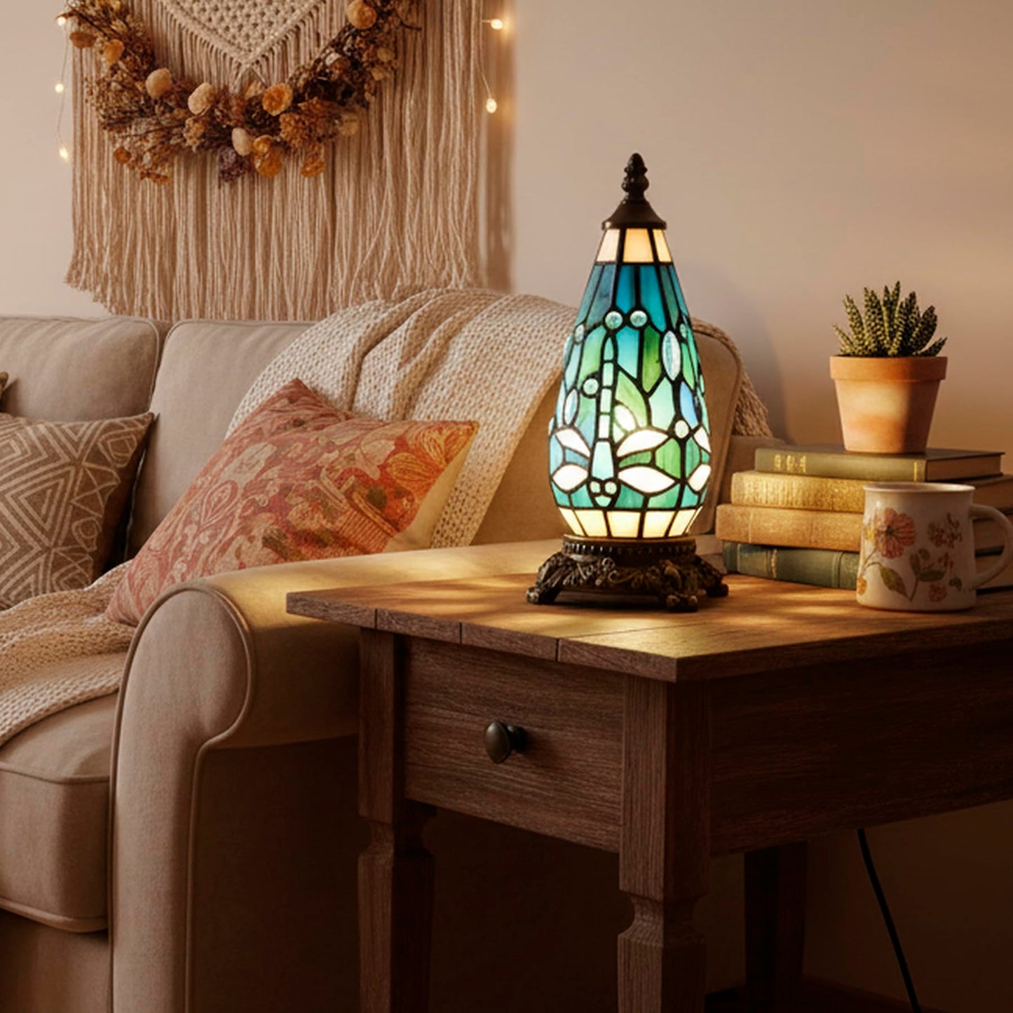 TCODTPOL Small Tiffany Stained Glass Table Lamp 5.5X11 Inch (Green Dragonfly)