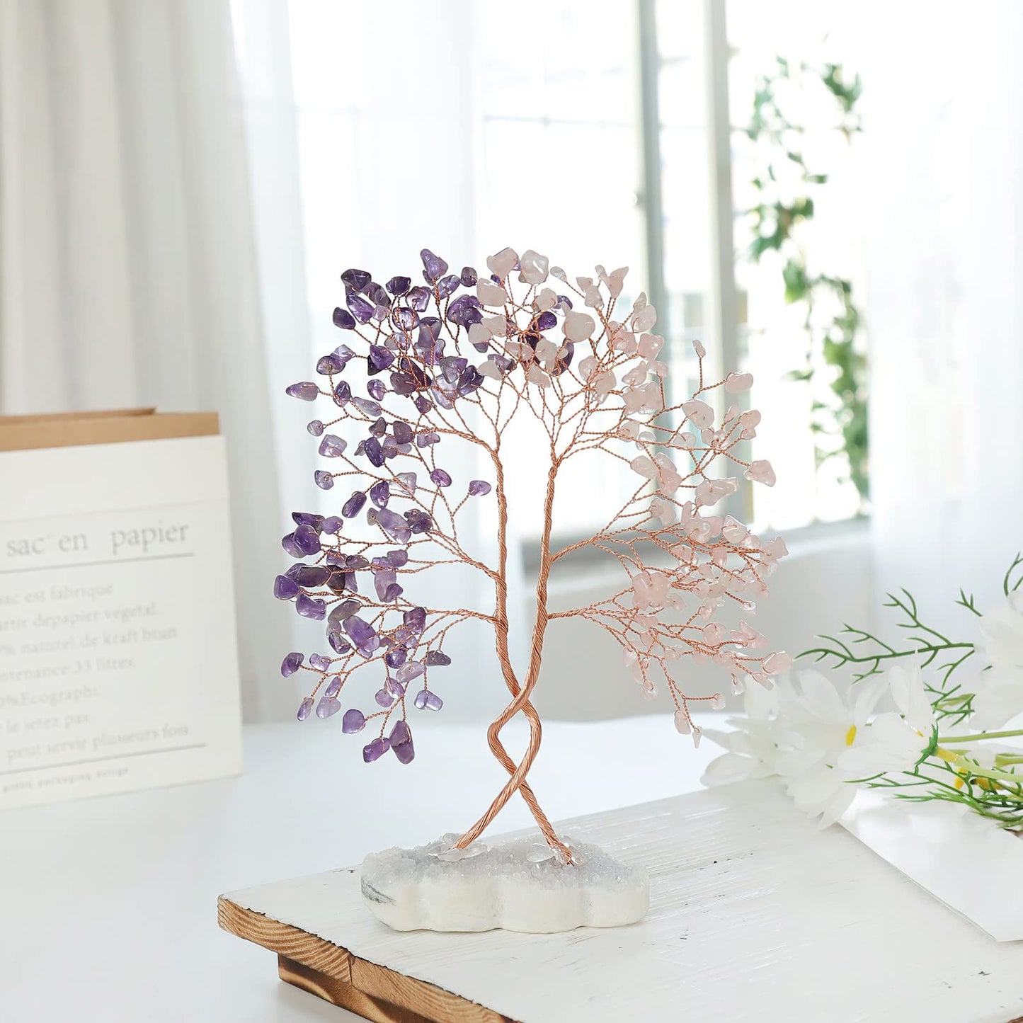 Rockcloud Rose Quartz&Amethyst Money Tree in Double Heart Rock Quartz Base
